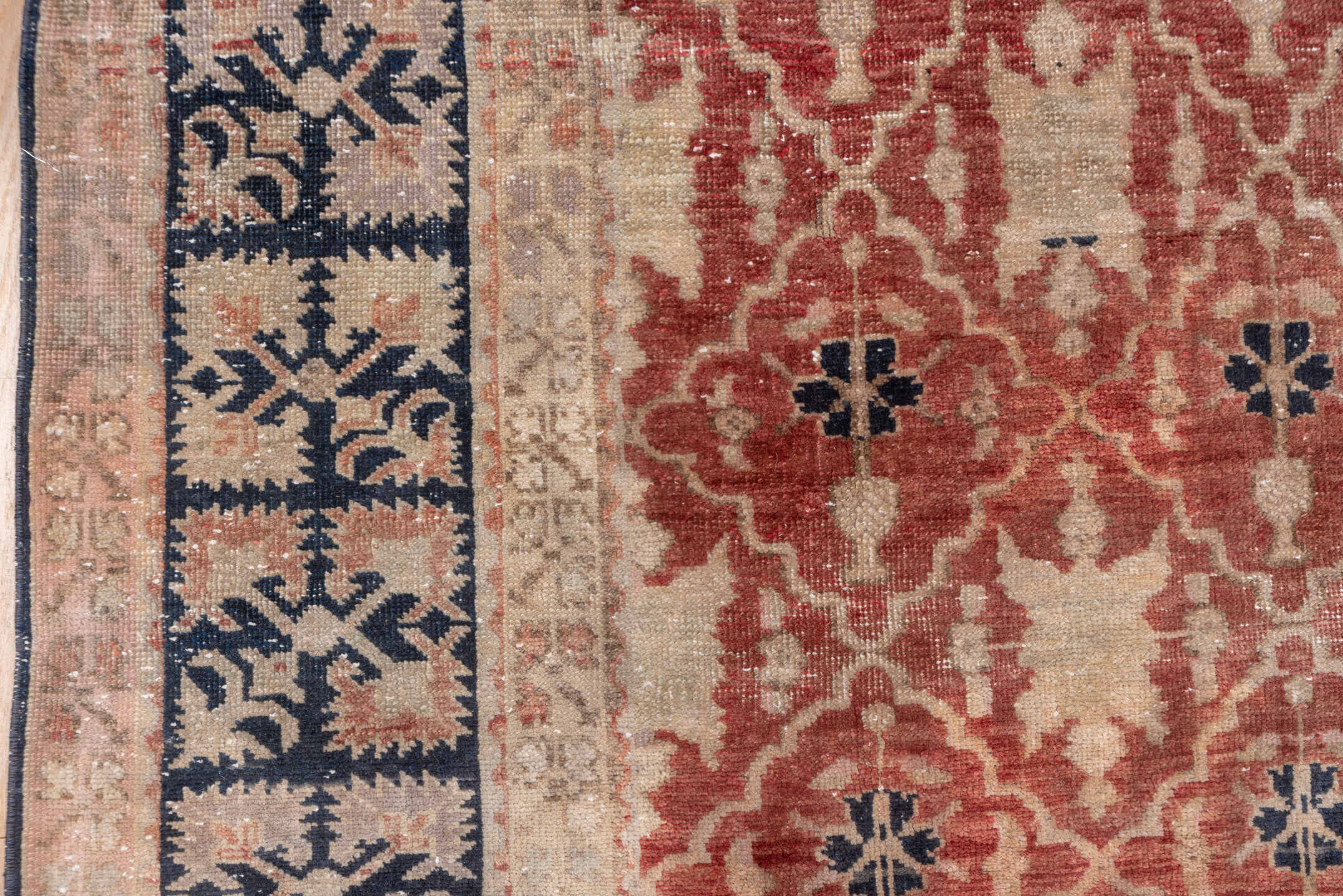6' x 8' one-of-a-kind handmade vintage Oushak medium size rug. Color palette: terracotta, ivory, navy, blush, taupe, slate