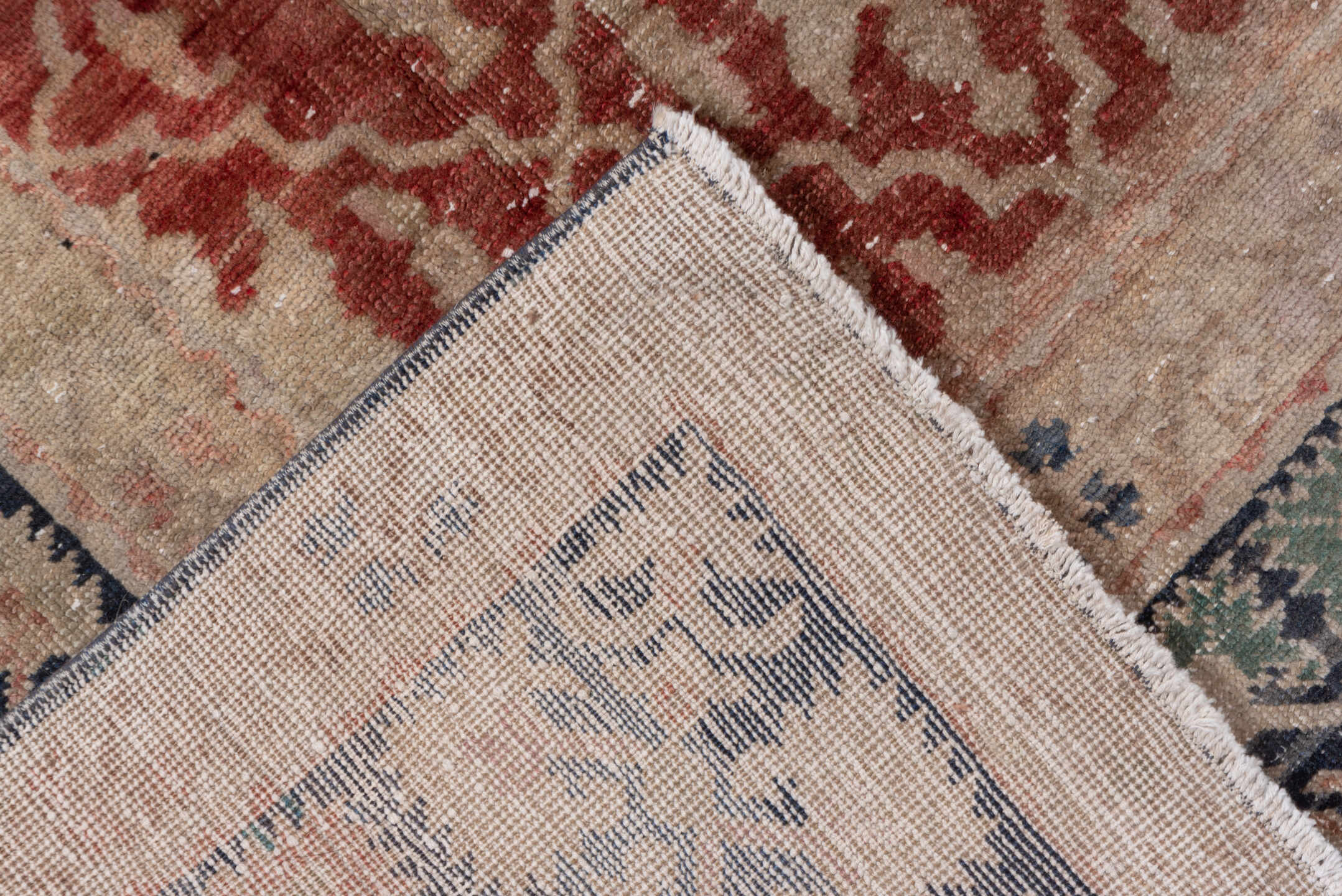6' x 8' one-of-a-kind handmade vintage Oushak medium size rug. Color palette: terracotta, ivory, navy, blush, taupe, slate