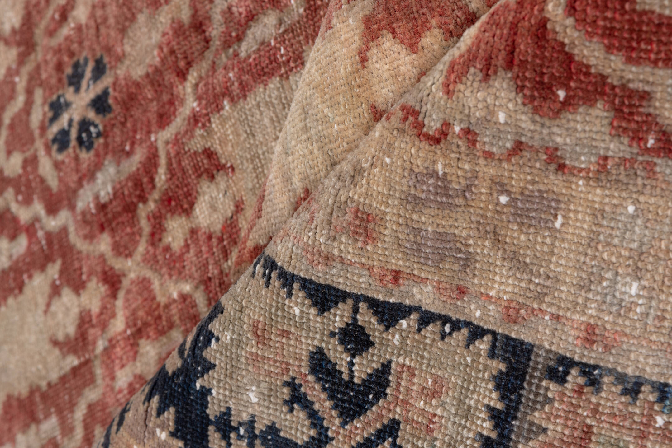 6' x 8' one-of-a-kind handmade vintage Oushak medium size rug. Color palette: black, blue, brown, gray, light gray, pink