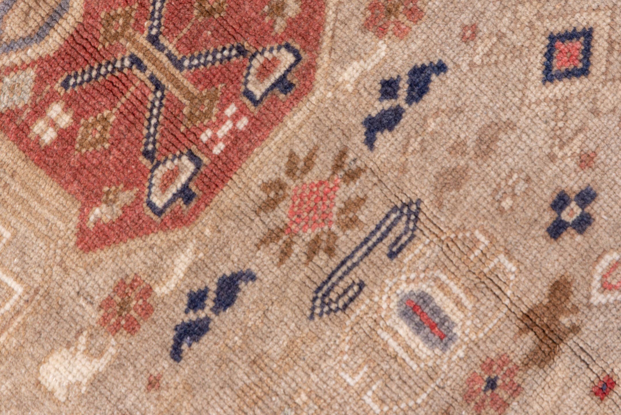 6' x 9' one-of-a-kind handmade vintage Oushak medium size rug. Color palette: ivory, blush, sand, muted blue, taupe