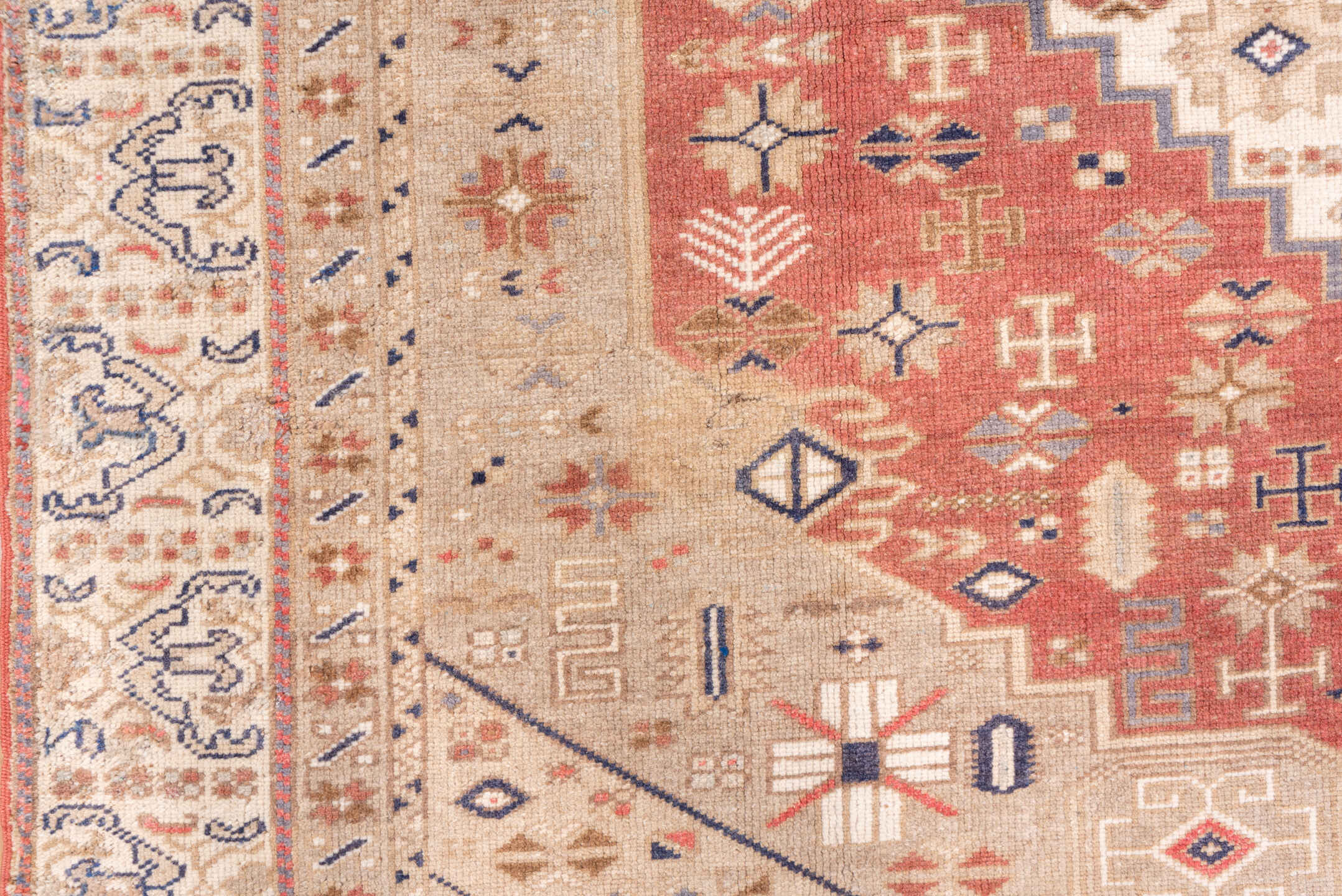 6' x 9' one-of-a-kind handmade vintage Oushak medium size rug. Color palette: ivory, blush, sand, muted blue, taupe