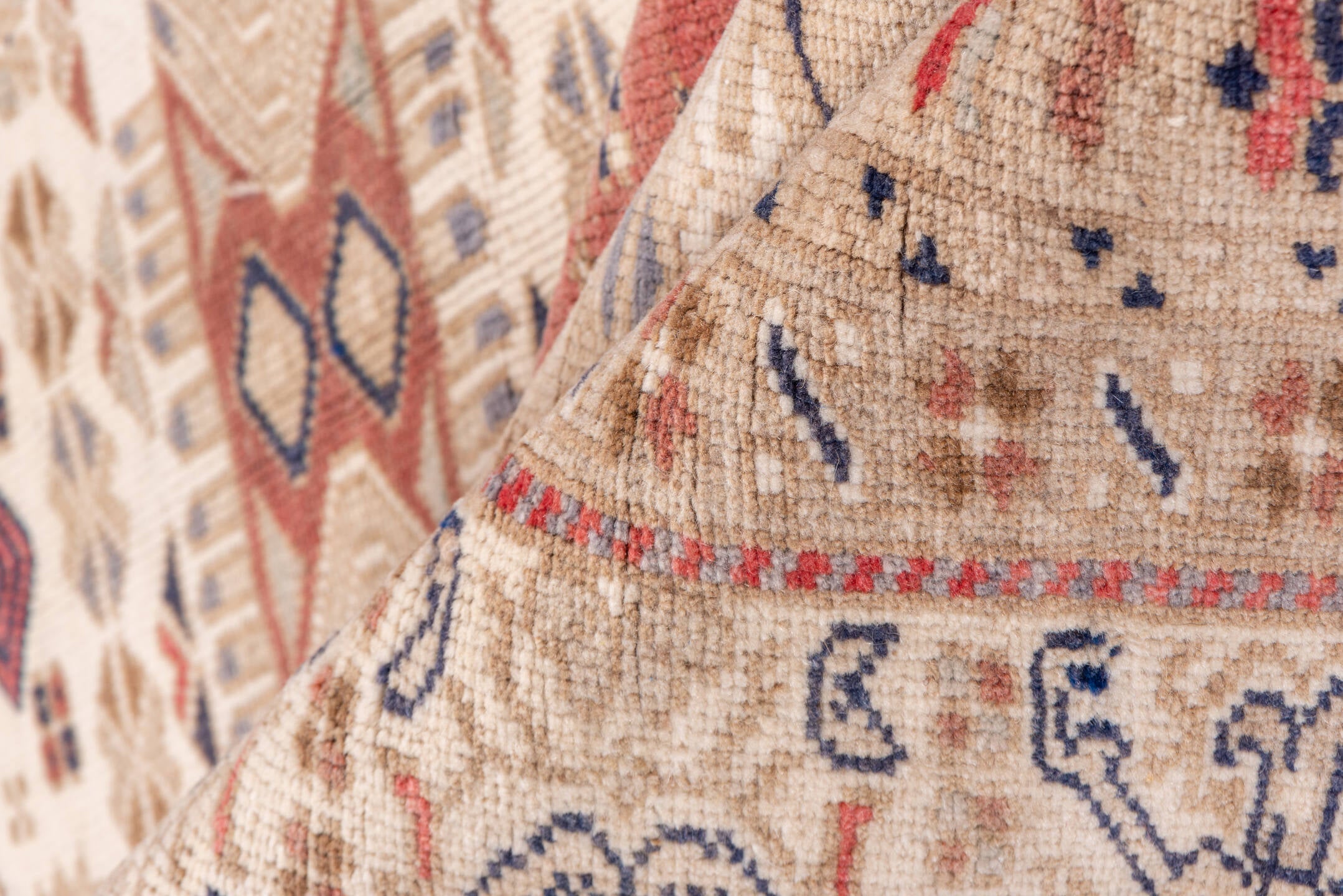 6' x 9' one-of-a-kind handmade vintage Oushak medium size rug. Color palette: ivory, blush, sand, muted blue, taupe