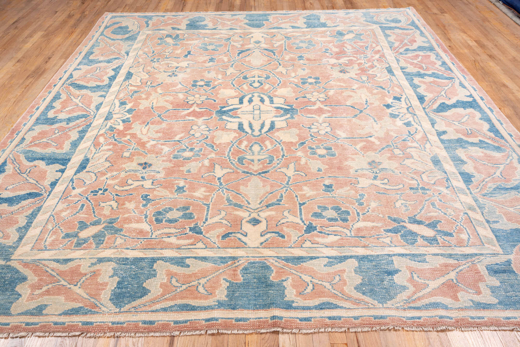 9' x 10' one-of-a-kind handmade vintage Oushak large size rug. Color palette: blush, sky blue, ivory, cream, peach, pink