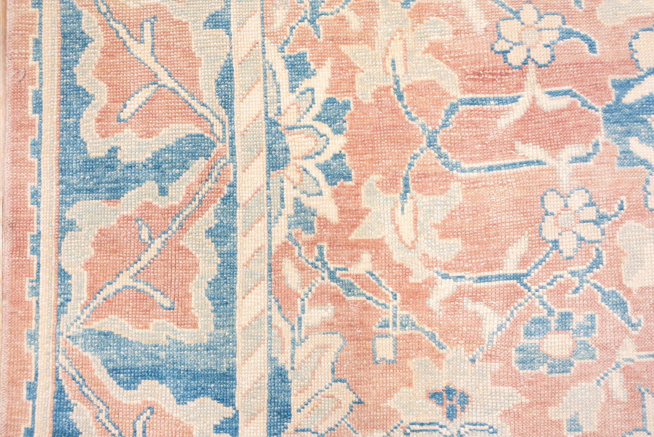 9' x 10' one-of-a-kind handmade vintage Oushak large size rug. Color palette: blush, sky blue, ivory, cream, peach, pink