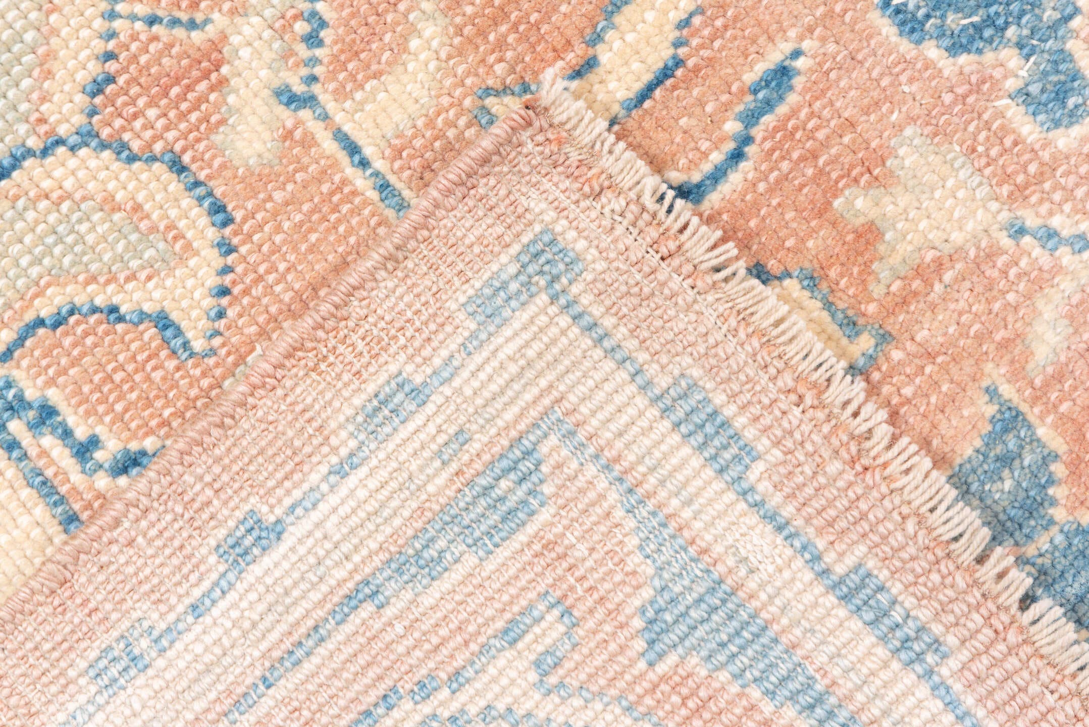 9' x 10' one-of-a-kind handmade vintage Oushak large size rug. Color palette: blush, sky blue, ivory, cream, peach, pink