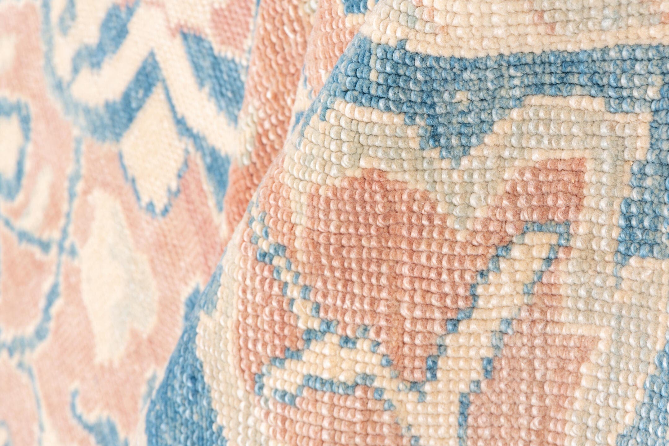9' x 10' one-of-a-kind handmade vintage Oushak large size rug. Color palette: blush, sky blue, ivory, cream, peach, pink