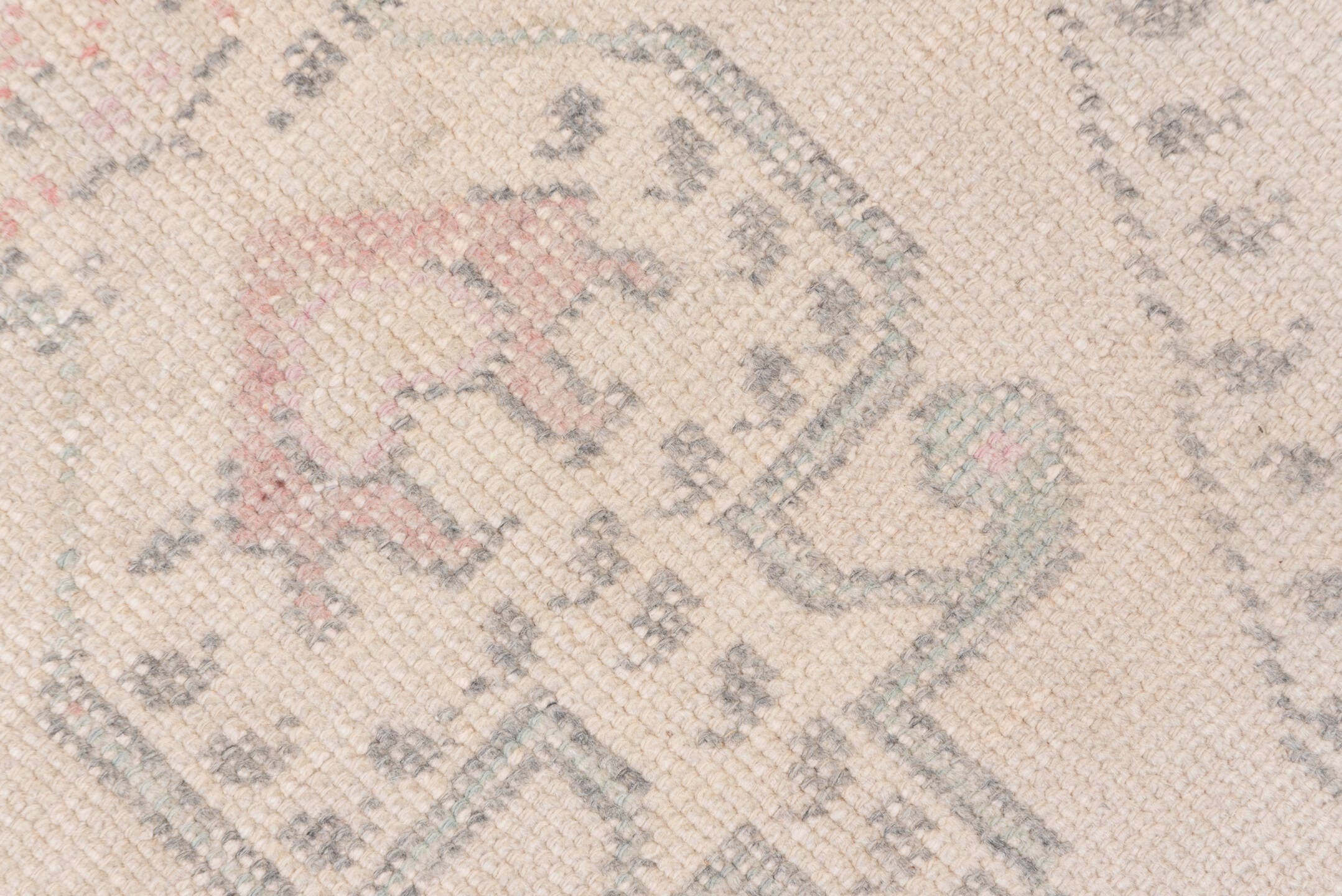 4' x 7' one-of-a-kind handmade vintage Oushak rug. Color palette: ivory, blush, pale blue, taupe, sage, rose, gray, pink