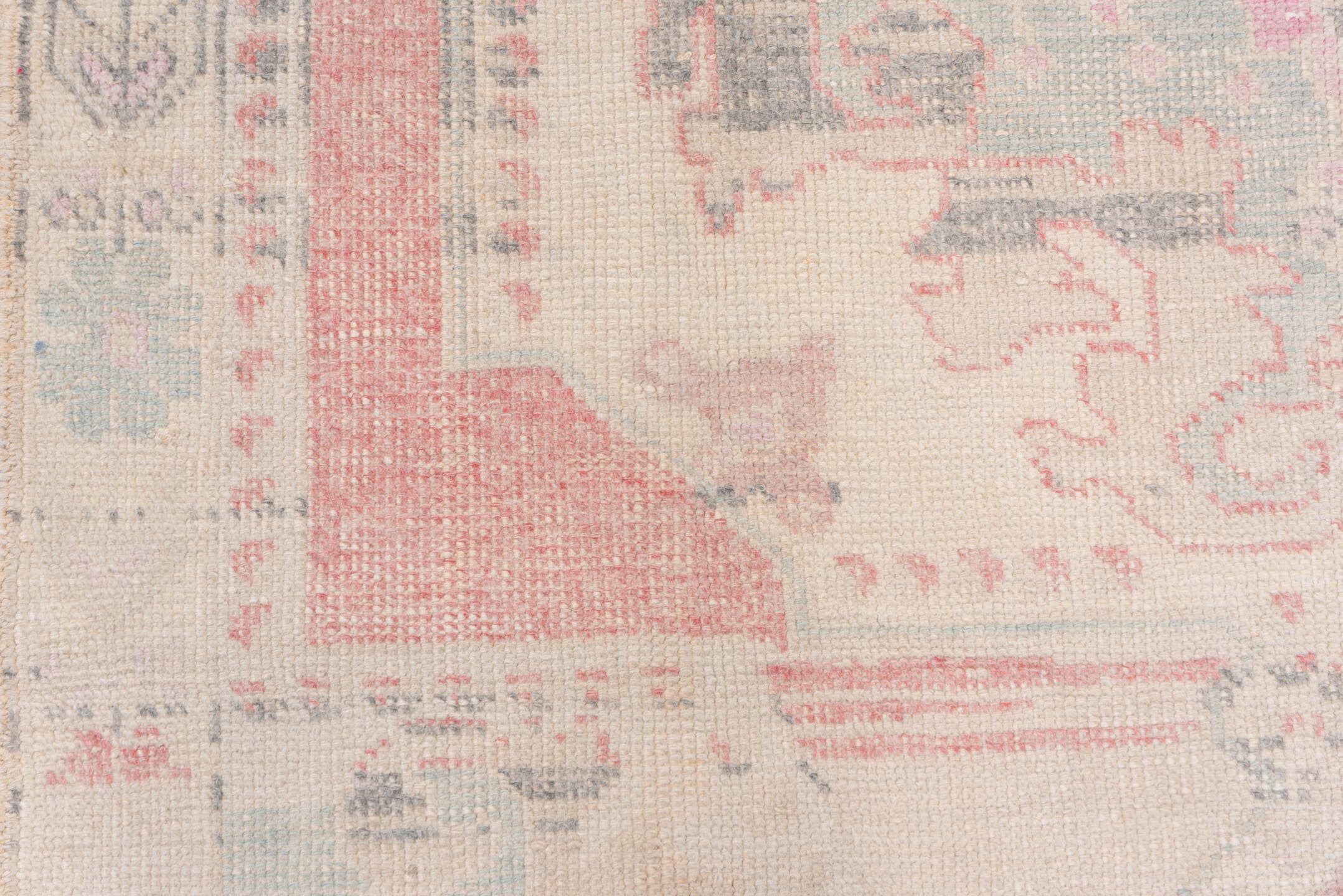 4' x 7' one-of-a-kind handmade vintage Oushak rug. Color palette: ivory, blush, pale blue, taupe, sage, rose, gray, pink