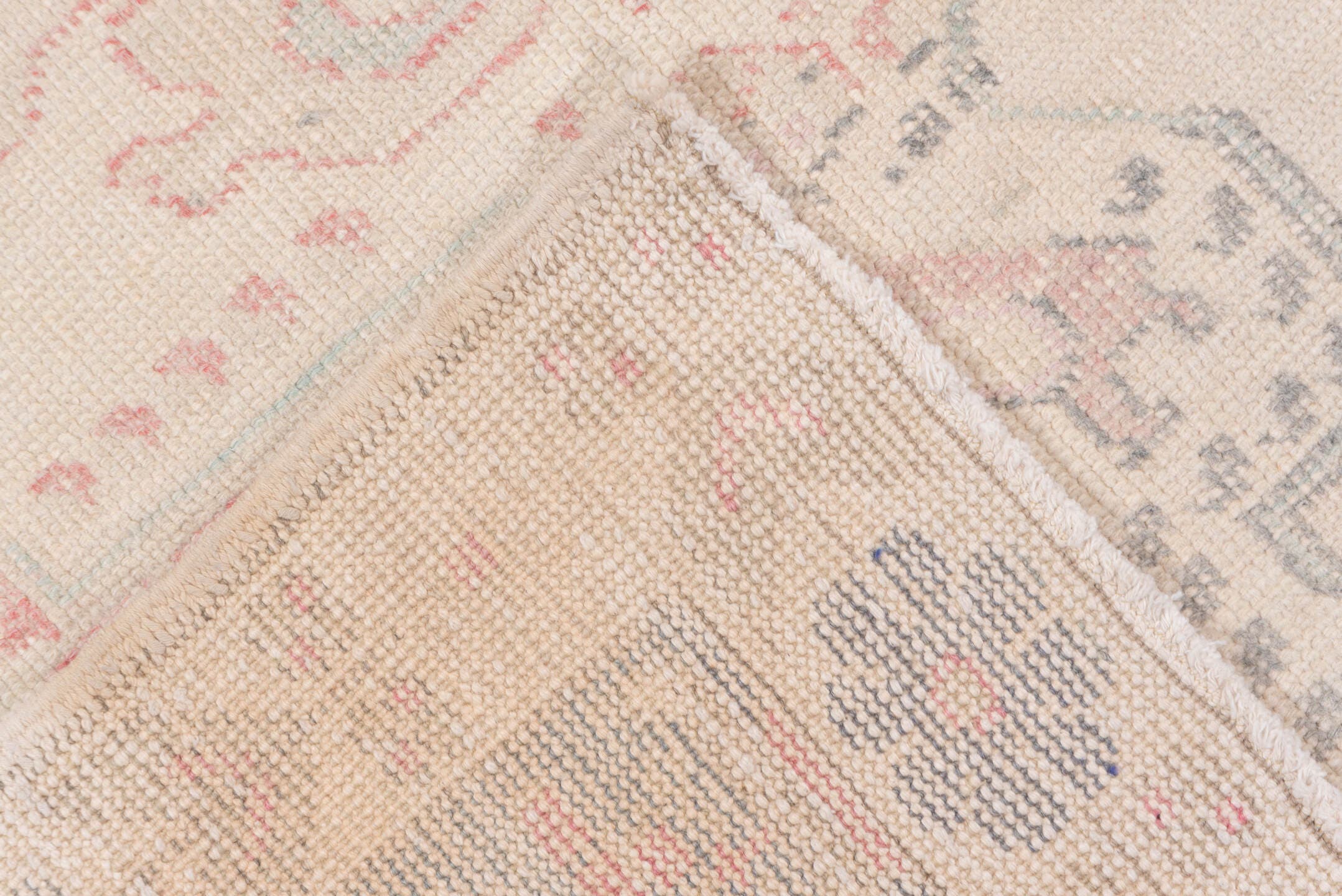 4' x 7' one-of-a-kind handmade vintage Oushak rug. Color palette: ivory, blush, pale blue, taupe, sage, rose, gray, pink