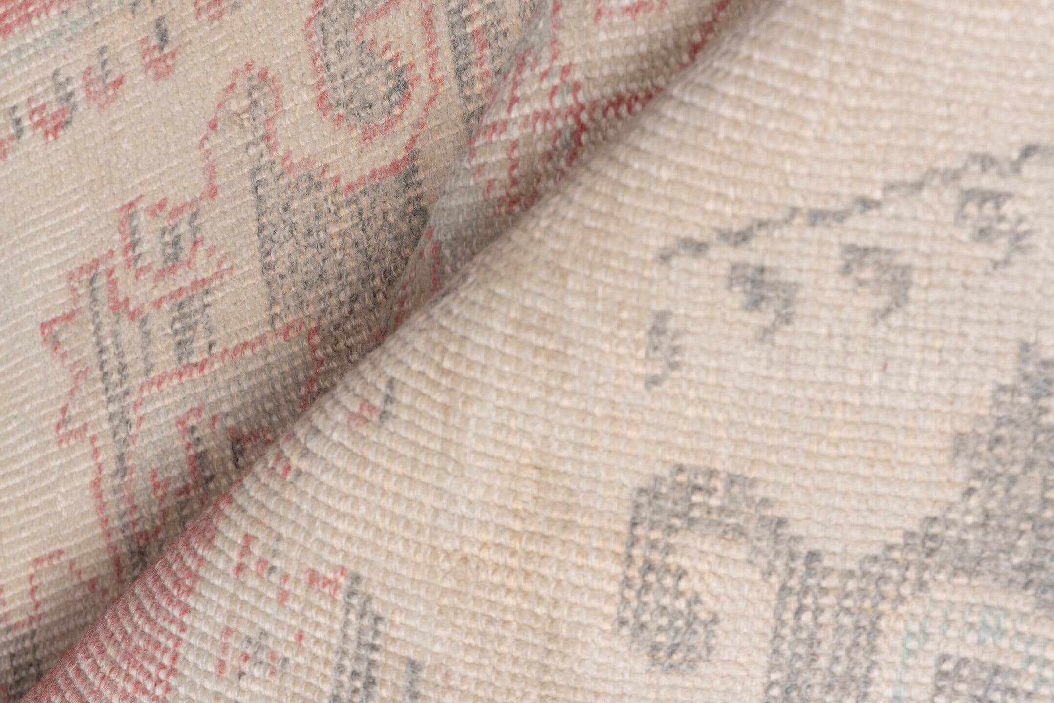 4' x 7' one-of-a-kind handmade vintage Oushak rug. Color palette: ivory, blush, pale blue, taupe, sage, rose, gray, pink