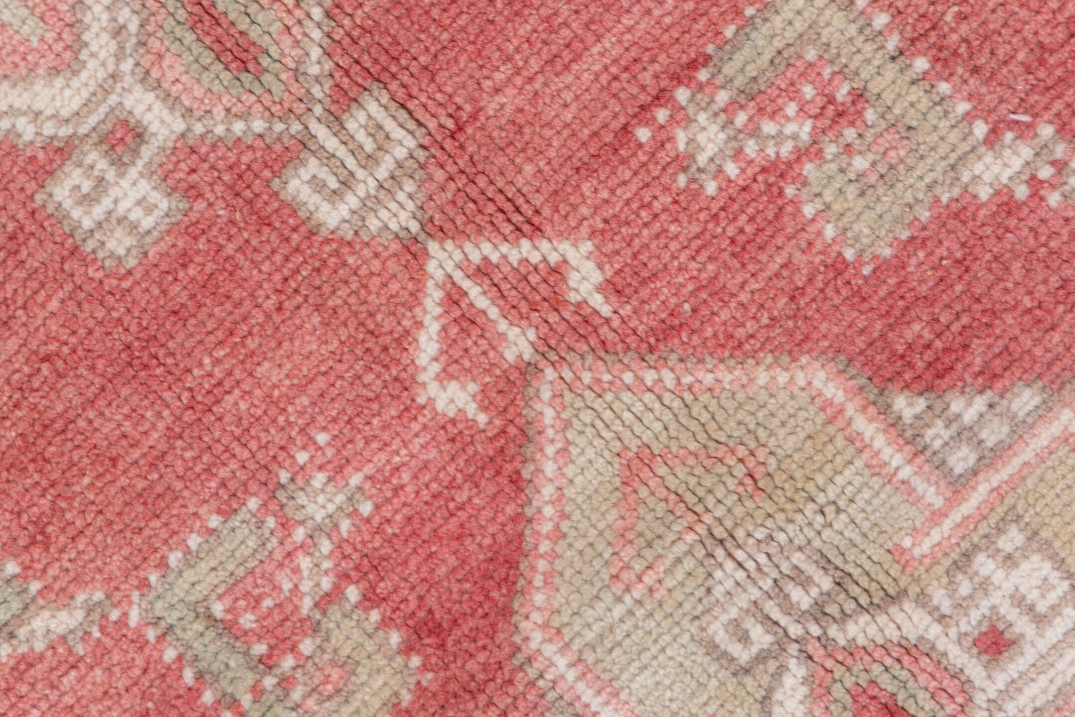 5' x 8' one-of-a-kind handmade vintage Oushak medium size rug. Color palette: coral, ivory, taupe, dusty rose, blue, sage