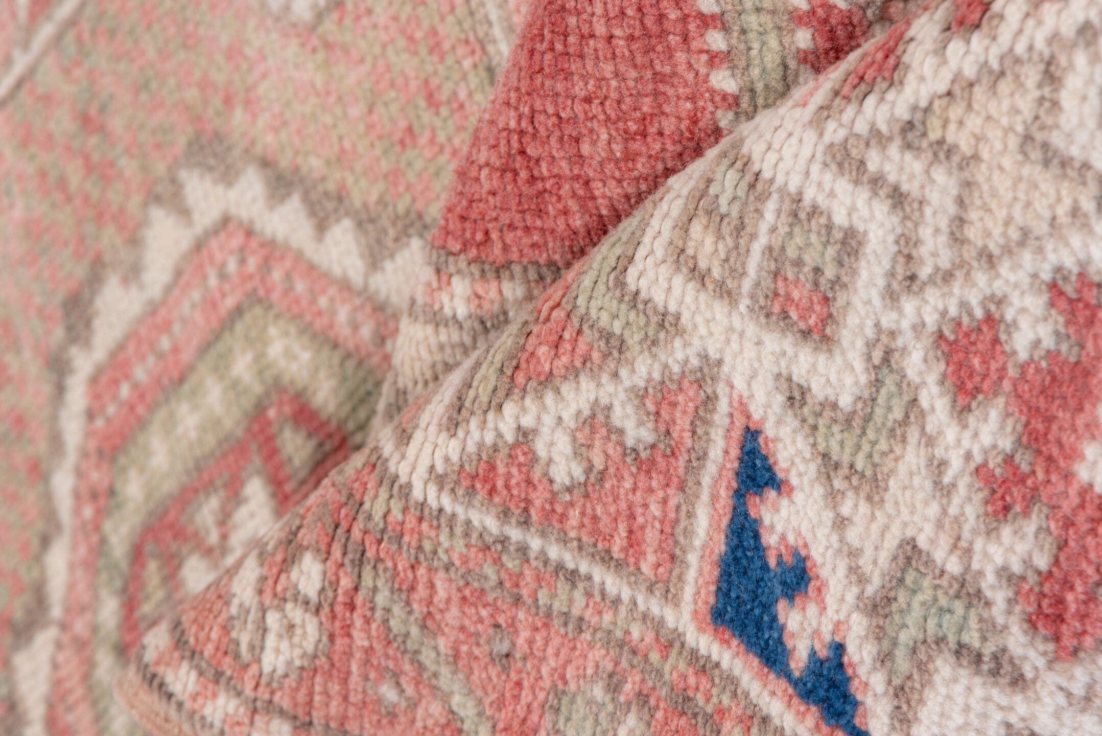 5' x 8' one-of-a-kind handmade vintage Oushak medium size rug. Color palette: coral, ivory, taupe, dusty rose, blue, sage