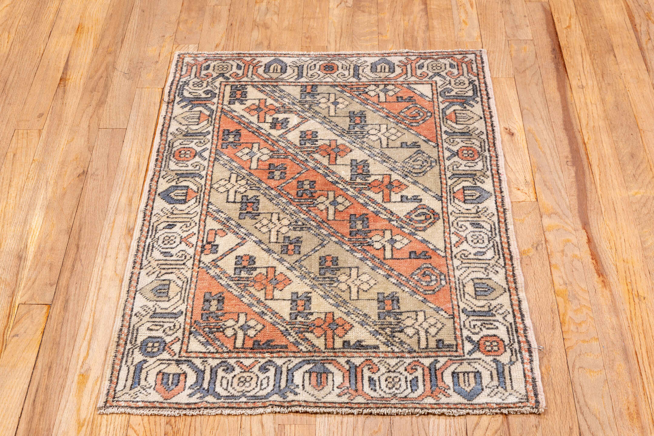 2' x 5' one-of-a-kind handmade vintage Oushak small size rug. Color palette: ivory, coral, slate, taupe, camel, charcoal