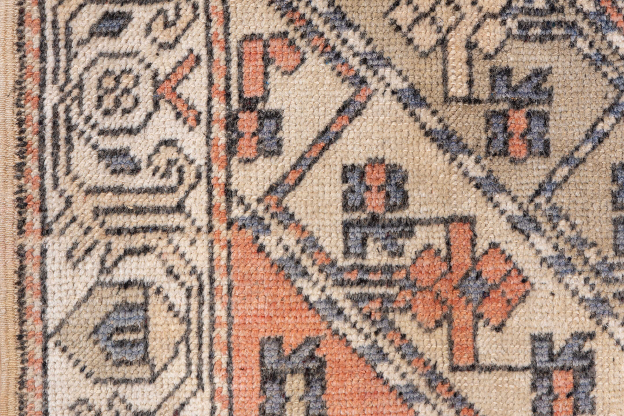 2' x 5' one-of-a-kind handmade vintage Oushak small size rug. Color palette: ivory, coral, slate, taupe, camel, charcoal