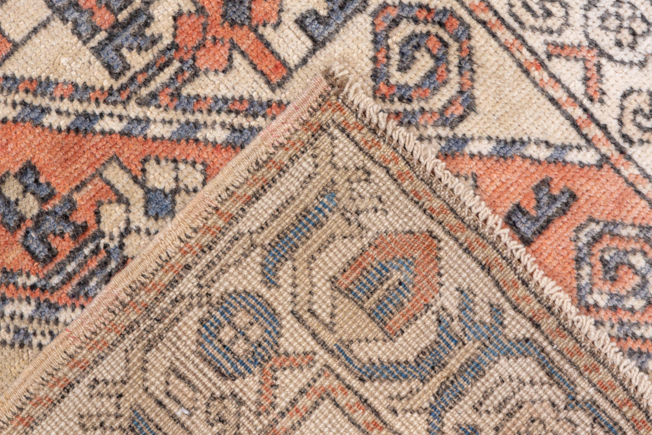 2' x 5' one-of-a-kind handmade vintage Oushak small size rug. Color palette: ivory, coral, slate, taupe, camel, charcoal
