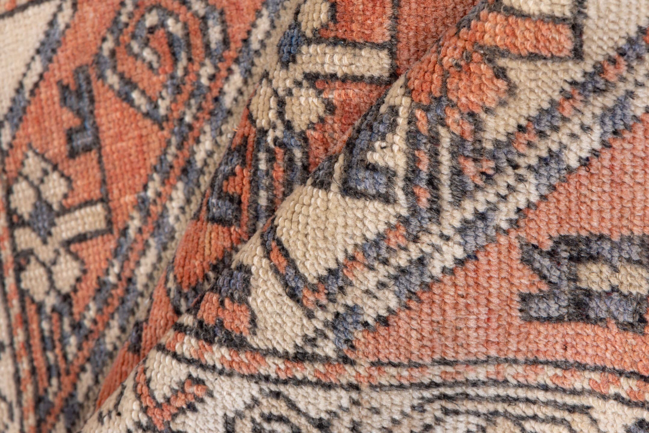 2' x 5' one-of-a-kind handmade vintage Oushak small size rug. Color palette: ivory, coral, slate, taupe, camel, charcoal