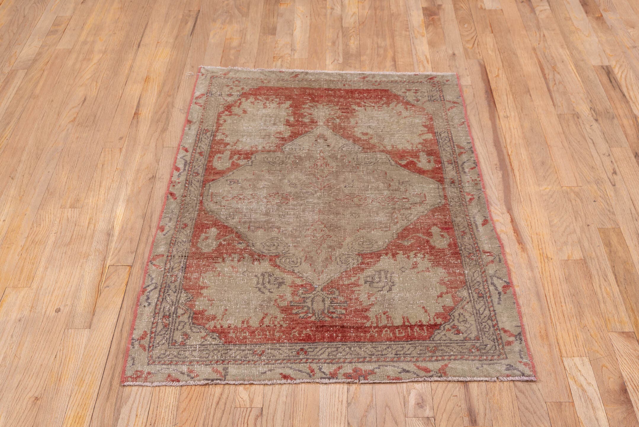 2' x 4' one-of-a-kind handmade vintage Oushak small size rug. Color palette: beige, terra cotta, ivory, taupe, camel