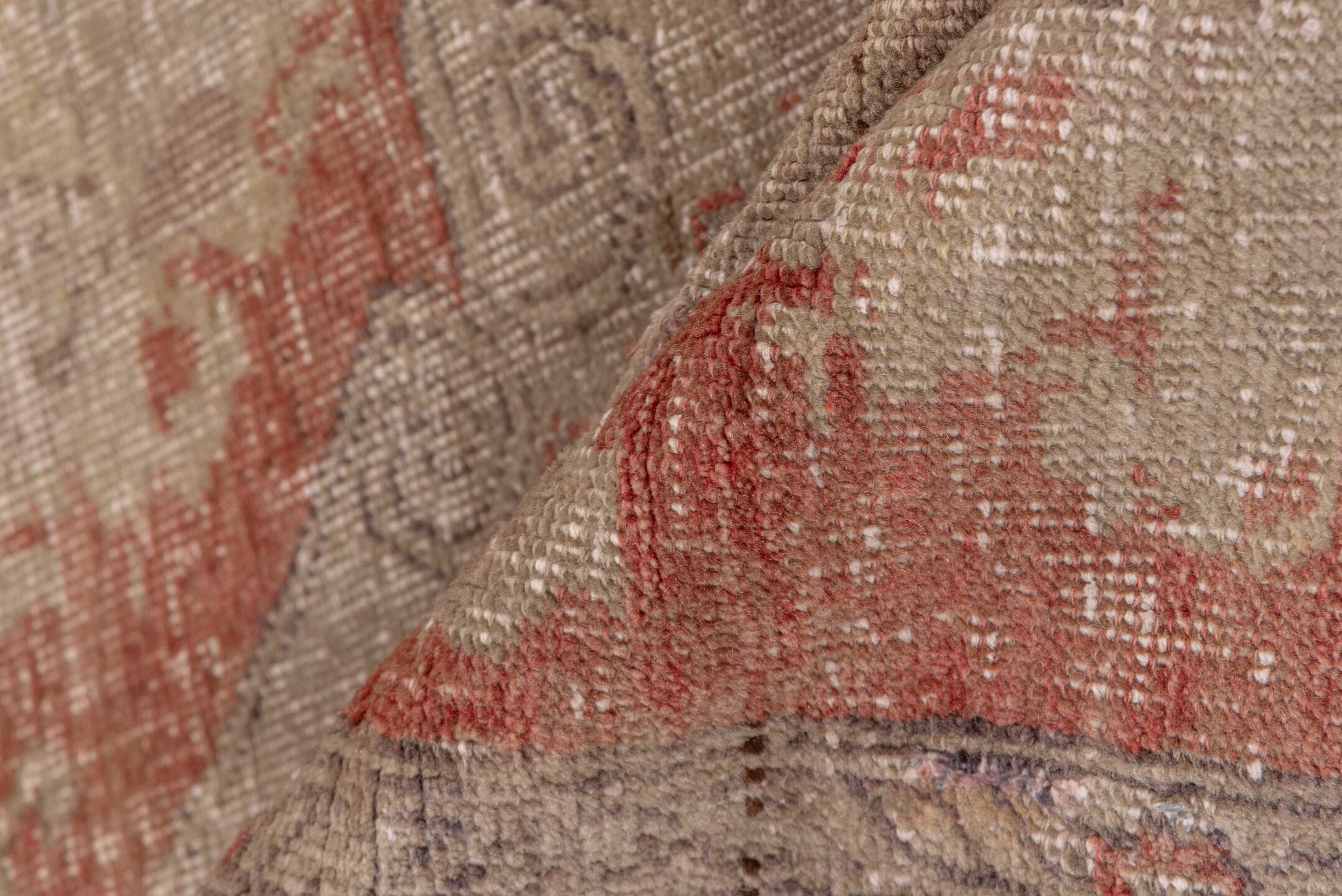 2' x 4' one-of-a-kind handmade vintage Oushak small size rug. Color palette: beige, terra cotta, ivory, taupe, camel