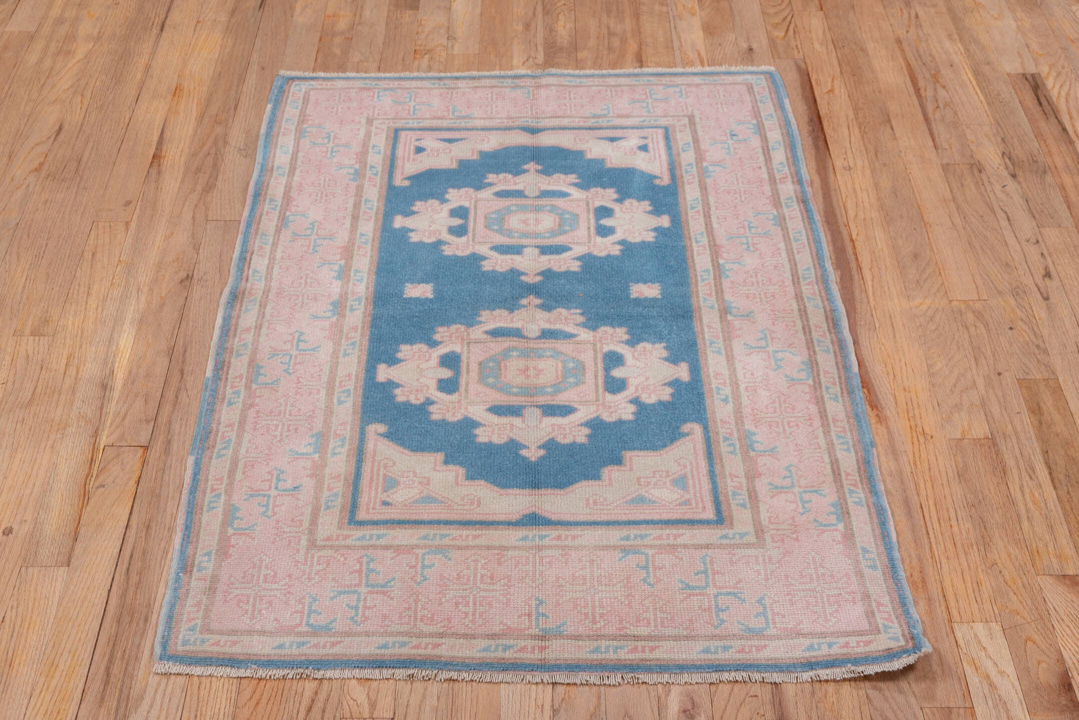 3' x 4' one-of-a-kind handmade vintage Oushak small size rug. Color palette: sky blue, blush, ivory, powder blue, peach