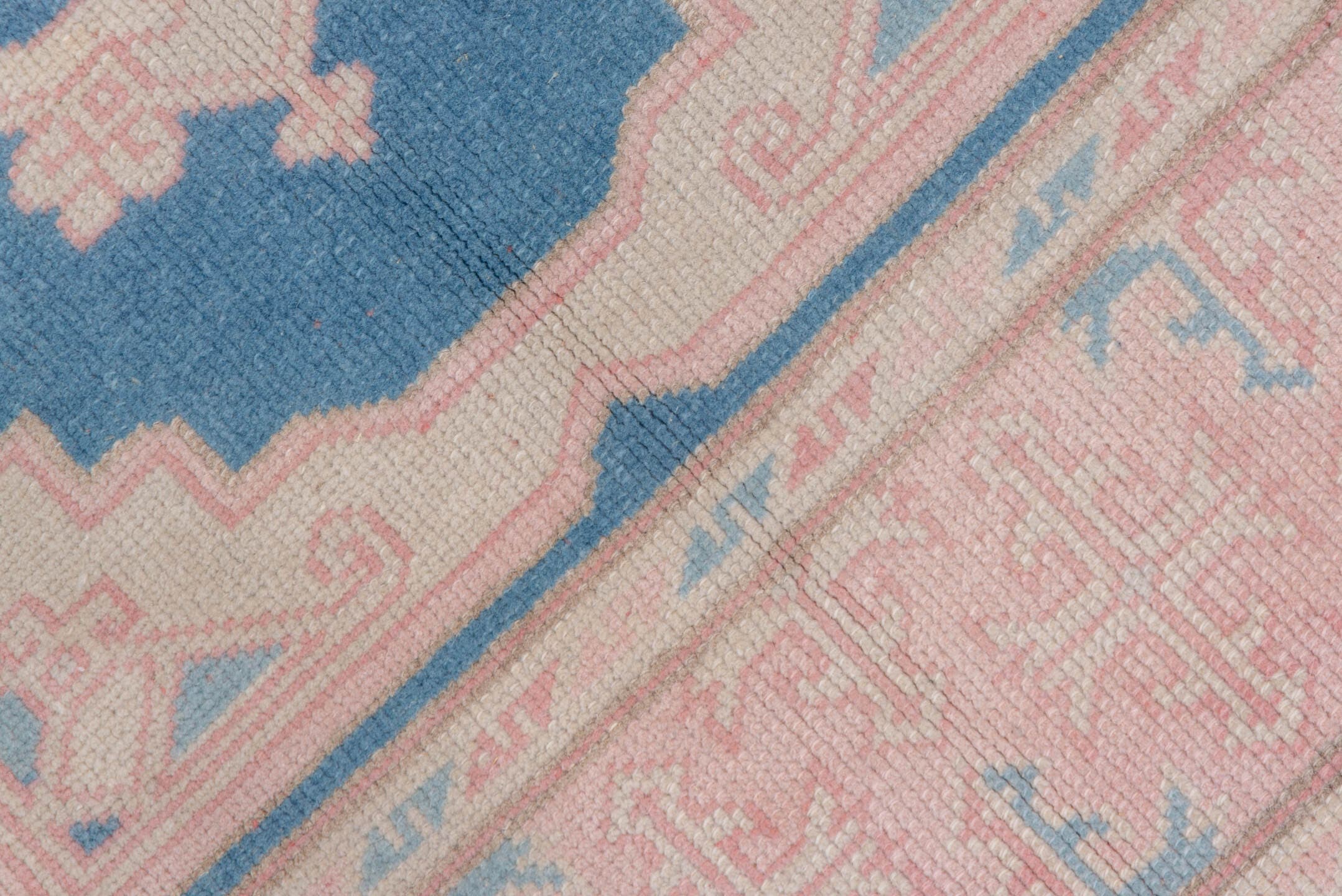 3' x 4' one-of-a-kind handmade vintage Oushak small size rug. Color palette: sky blue, blush, ivory, powder blue, peach