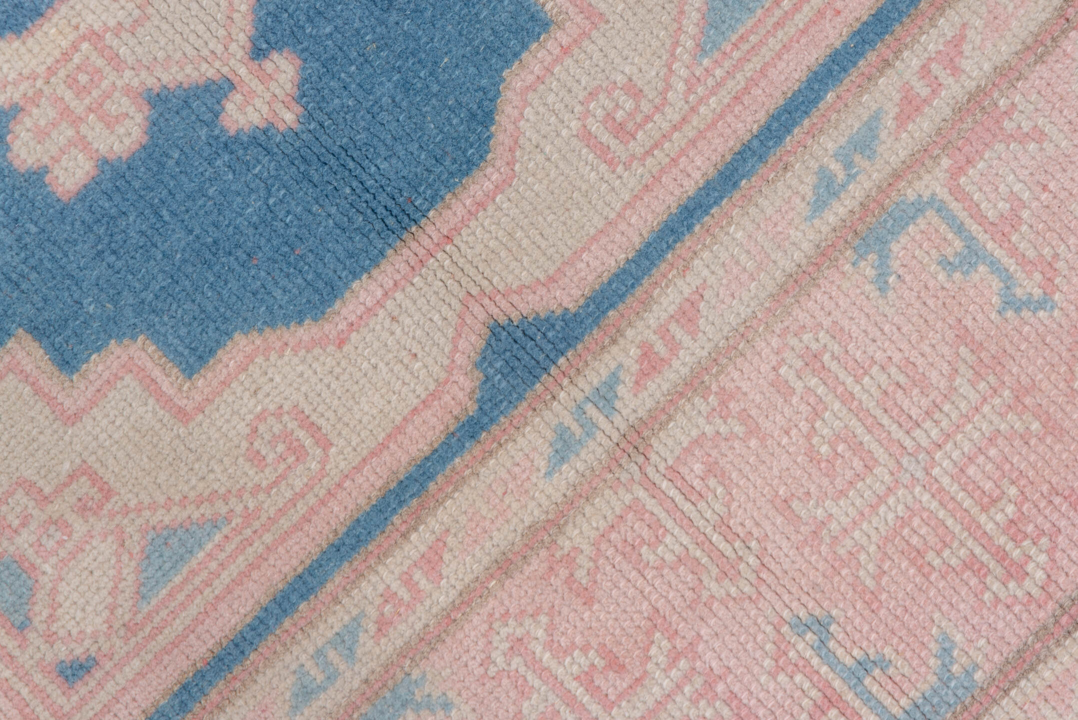 3' x 4' one-of-a-kind handmade vintage Oushak small size rug. Color palette: blue, dark gray, gray, light gray, linen