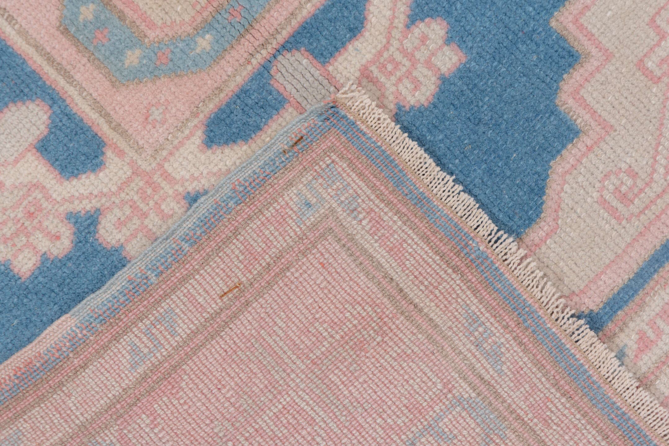 3' x 4' one-of-a-kind handmade vintage Oushak small size rug. Color palette: sky blue, blush, ivory, powder blue, peach