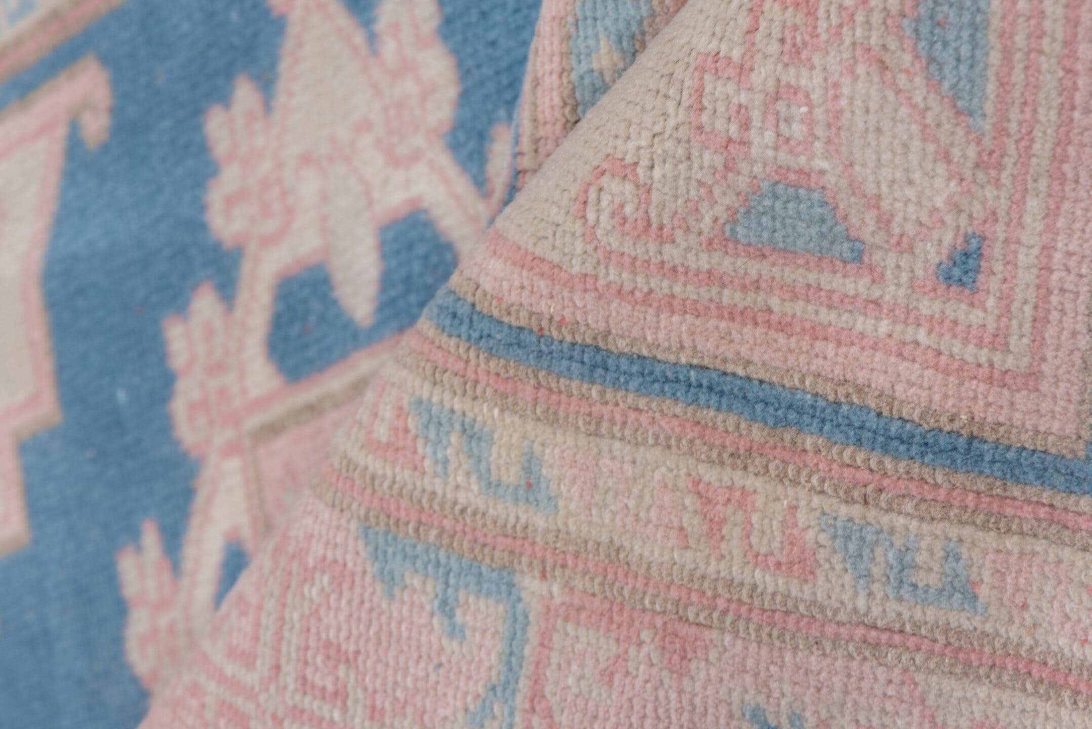 3' x 4' one-of-a-kind handmade vintage Oushak small size rug. Color palette: sky blue, blush, ivory, powder blue, peach