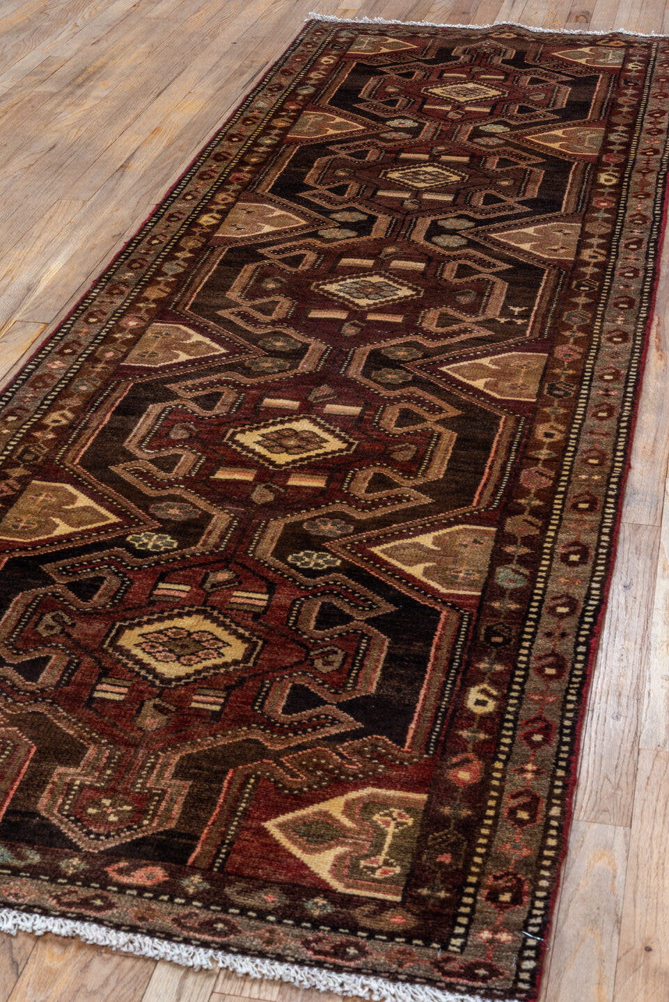 2' x 9' one-of-a-kind handmade antique Malayer runner rug. Color palette: brown, rust, ivory, camel, charcoal, burgundy