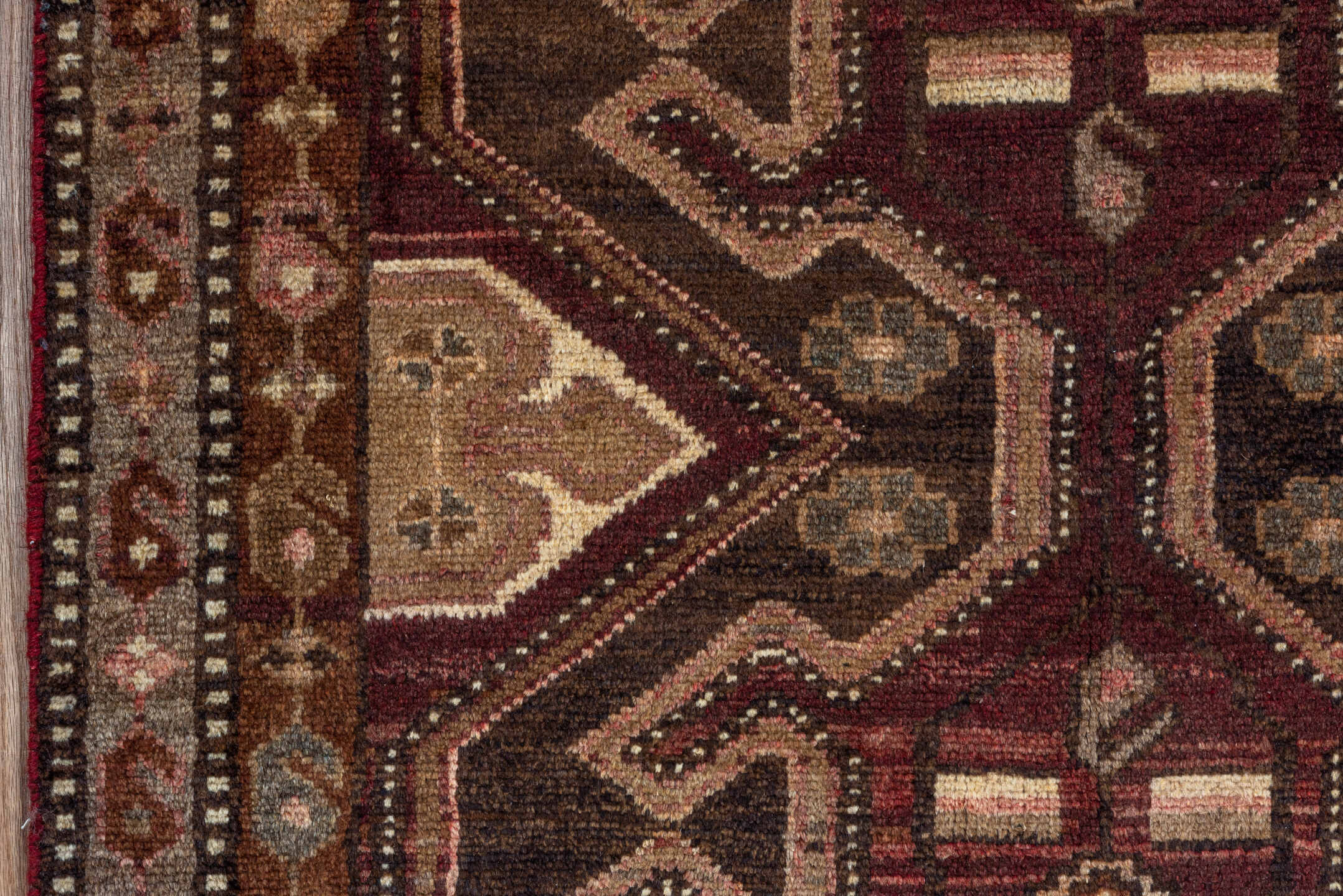 2' x 9' one-of-a-kind handmade antique Malayer runner rug. Color palette: brown, rust, ivory, camel, charcoal, burgundy