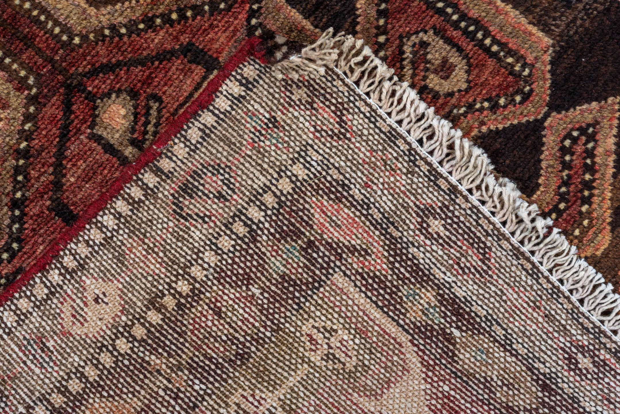 2' x 9' one-of-a-kind handmade antique Malayer runner rug. Color palette: brown, rust, ivory, camel, charcoal, burgundy