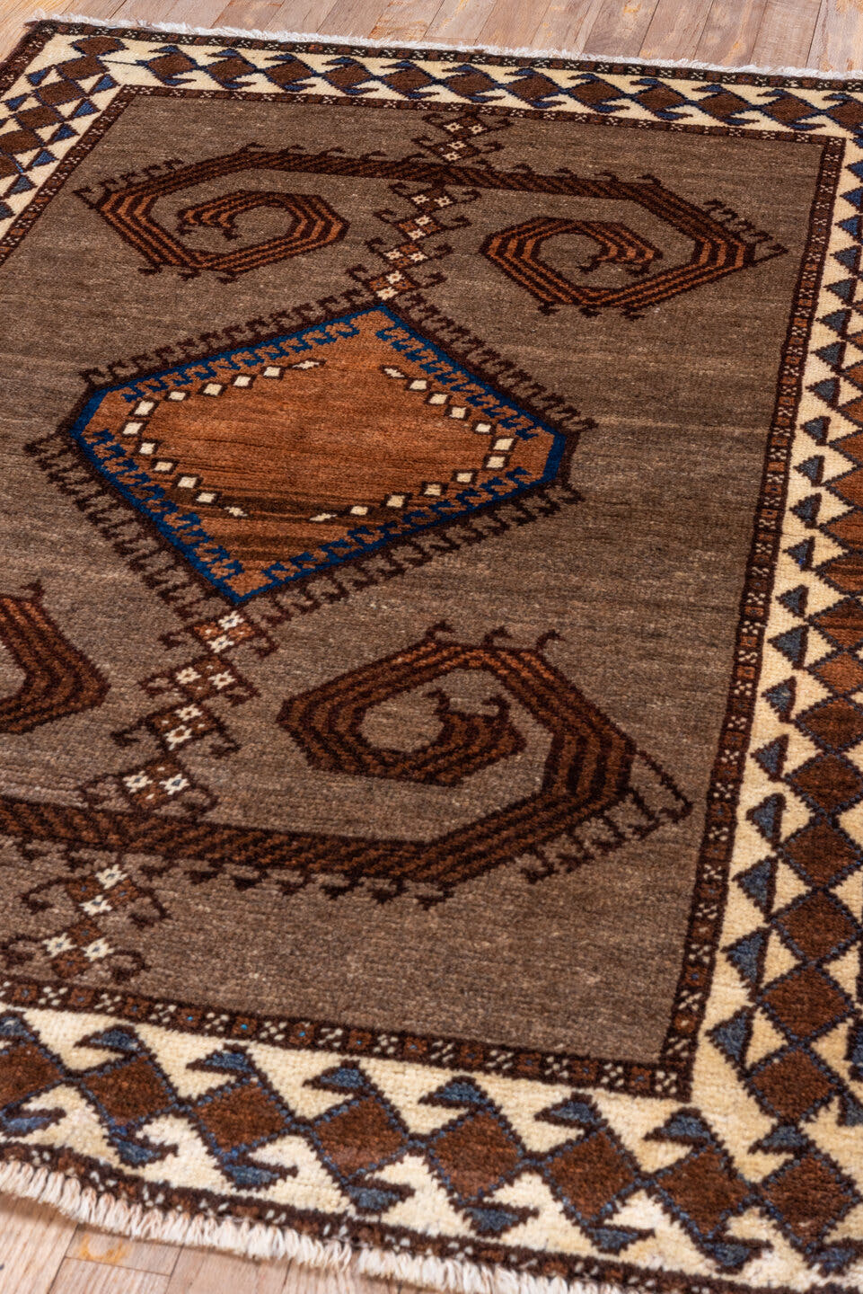 3' x 4' one-of-a-kind handmade antique Gabbe small size rug. Color palette: taupe, brown, ivory, cobalt, camel, charcoal