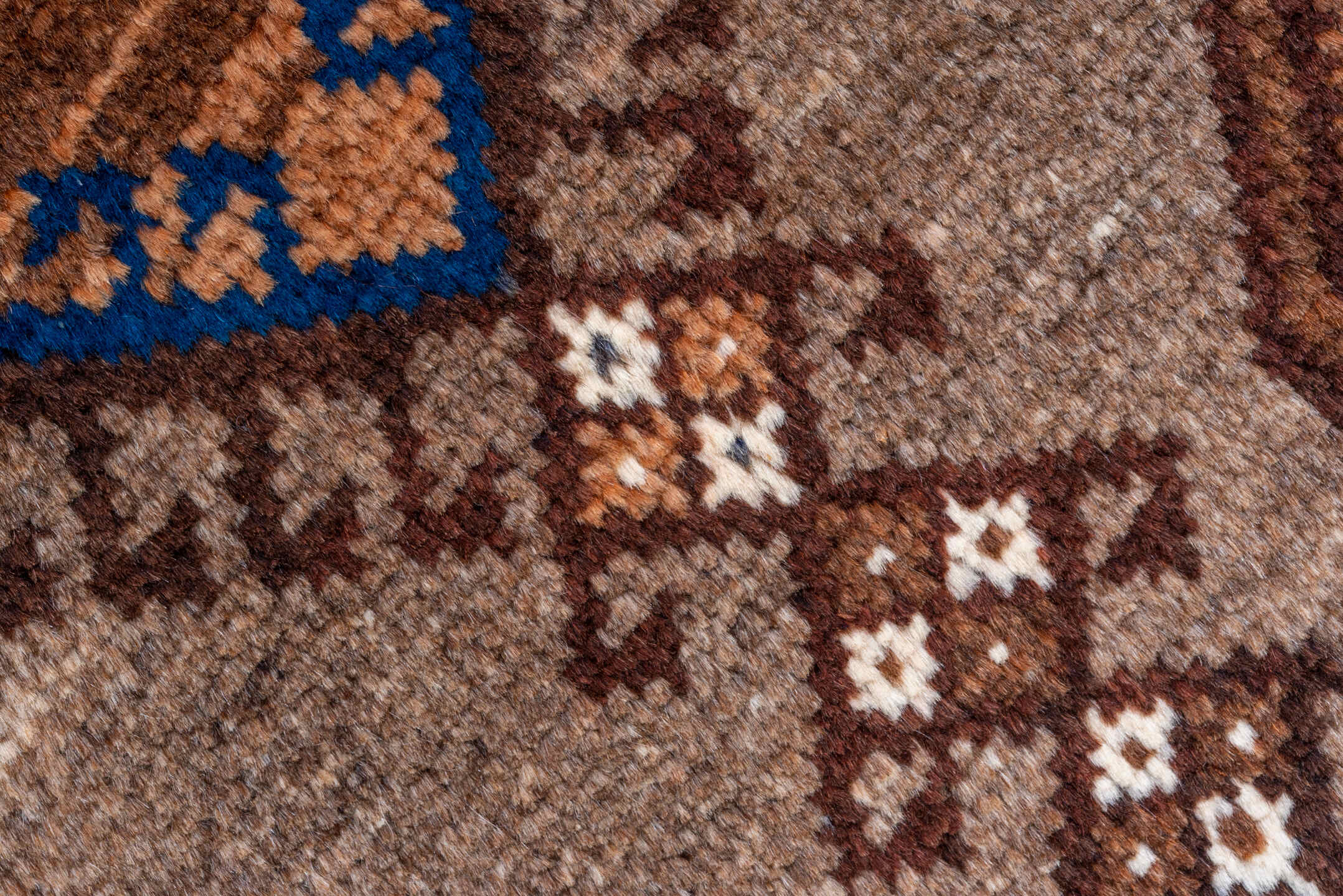 3' x 4' one-of-a-kind handmade vintage Gabbe small size rug. Color palette: blue, brown, gray, off-white, orange, pink