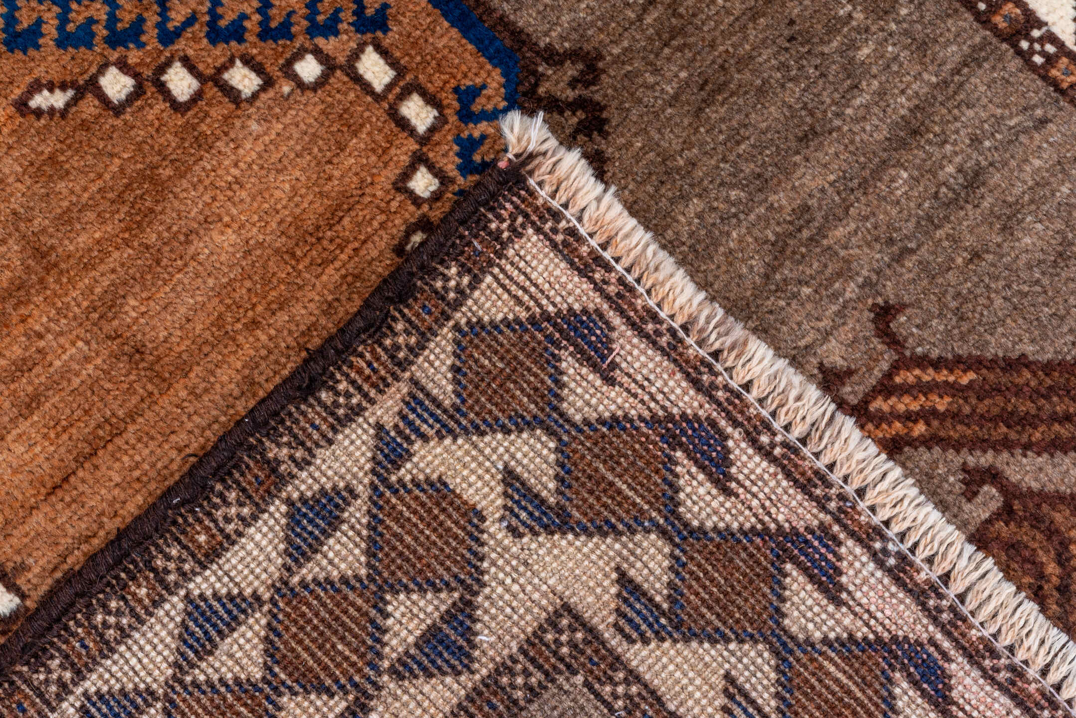 3' x 4' one-of-a-kind handmade vintage Gabbe small size rug. Color palette: blue, brown, gray, off-white, orange, pink