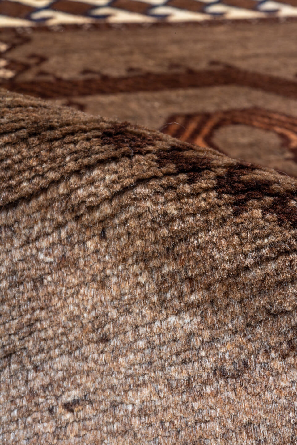 3' x 4' one-of-a-kind handmade antique Gabbe small size rug. Color palette: taupe, brown, ivory, cobalt, camel, charcoal
