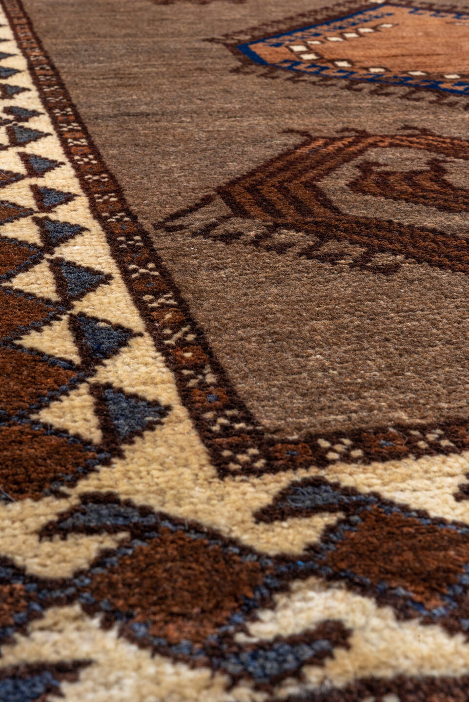3' x 4' one-of-a-kind handmade antique Gabbe small size rug. Color palette: taupe, brown, ivory, cobalt, camel, charcoal
