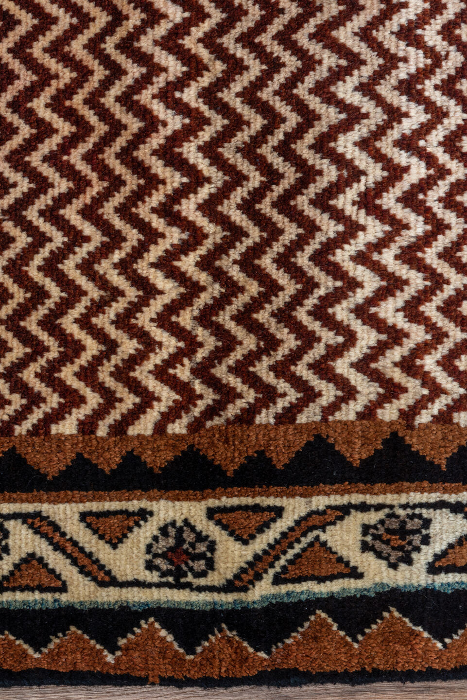 3' x 6' one-of-a-kind handmade vintage Gabbe small size rug. Color palette: black, brown, gray, off-white, orange, pink, red