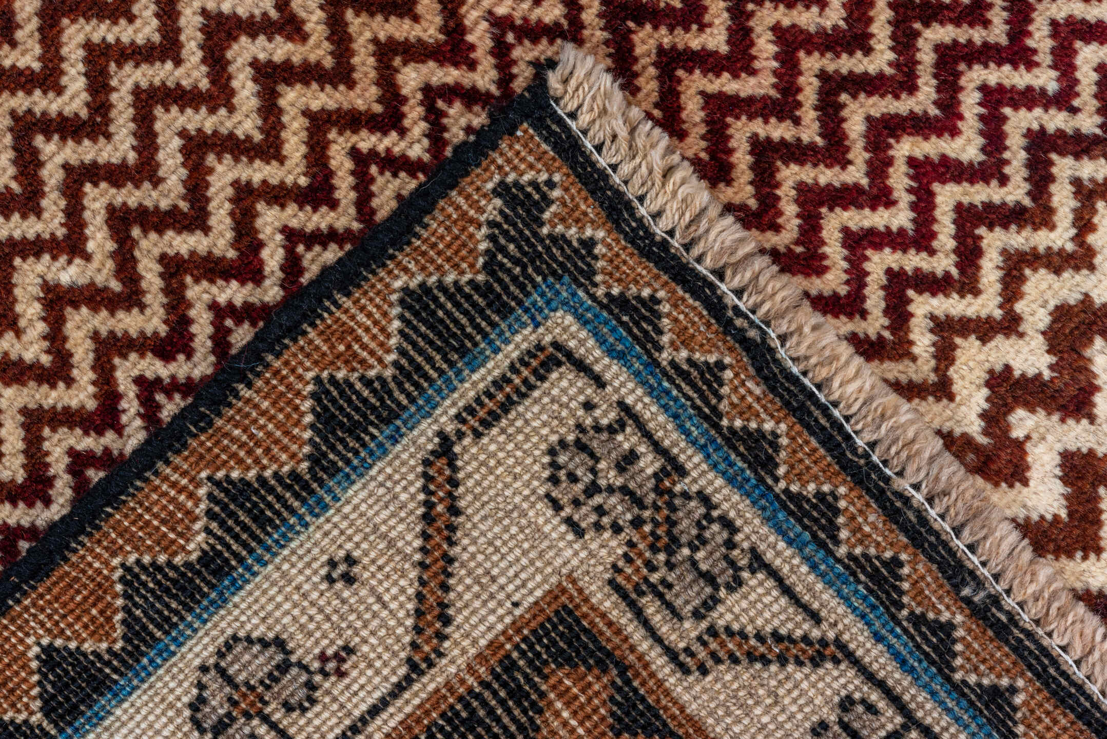 3' x 6' one-of-a-kind handmade antique Gabbe small size rug. Color palette: ivory, brown, rust, black, camel, burgundy