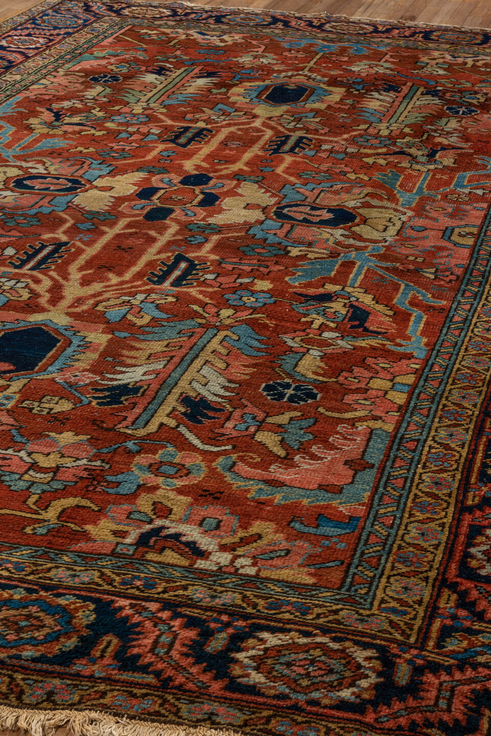 8' x 11' one-of-a-kind handmade vintage Serapi large size rug. Color palette: arapawa, black, blue, brown, gray