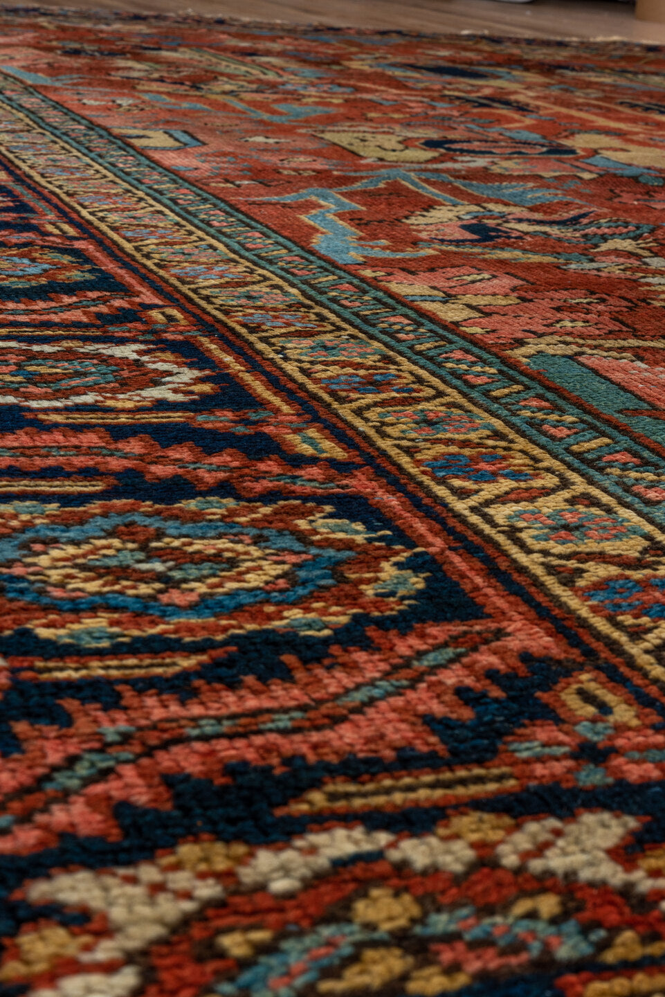 8' x 11' one-of-a-kind handmade vintage Serapi large size rug. Color palette: arapawa, black, blue, brown, gray