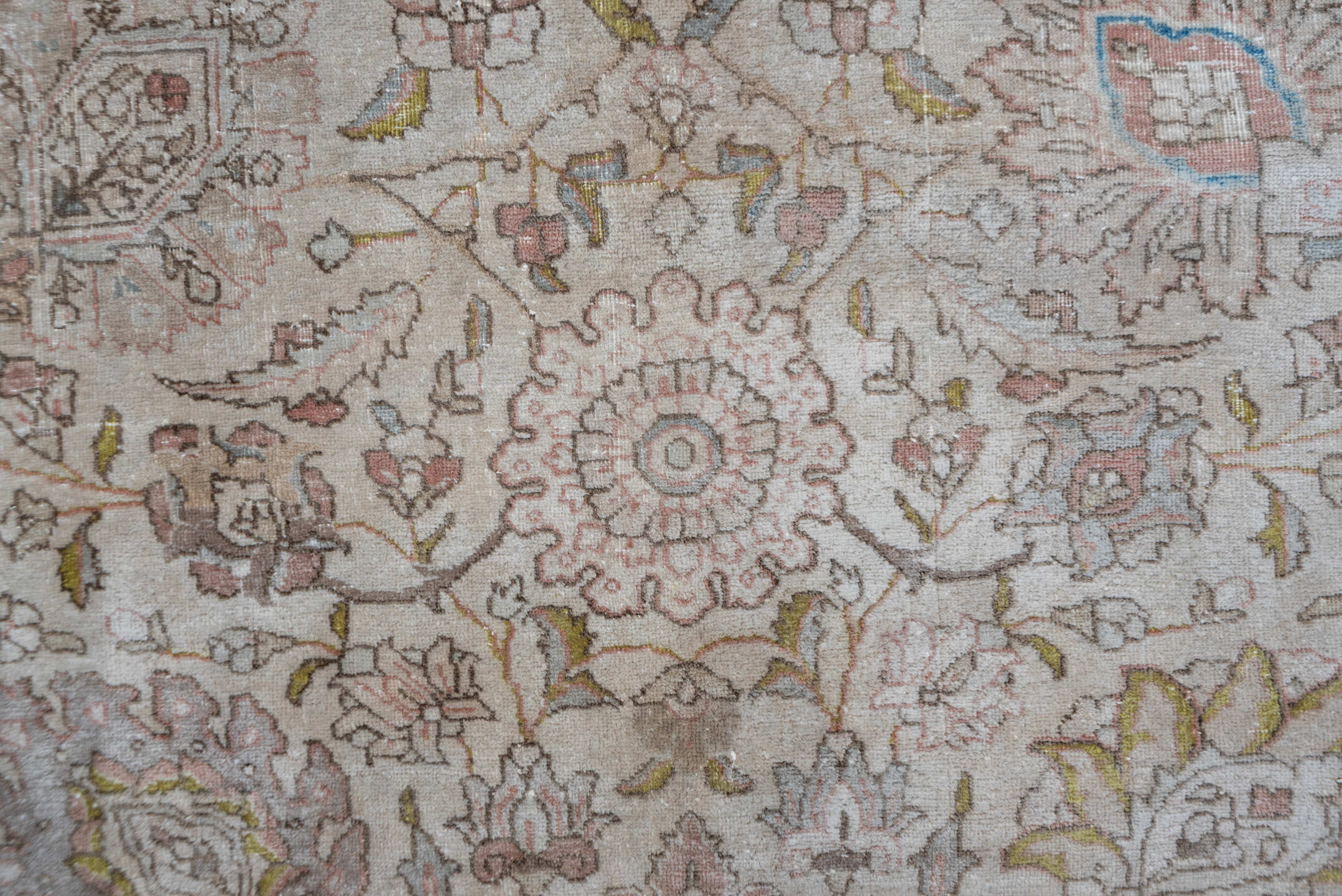 13' x 17' one-of-a-kind handmade antique Tabriz oversize rug. Color palette: ivory, taupe, blush, beige, gold, pale blue