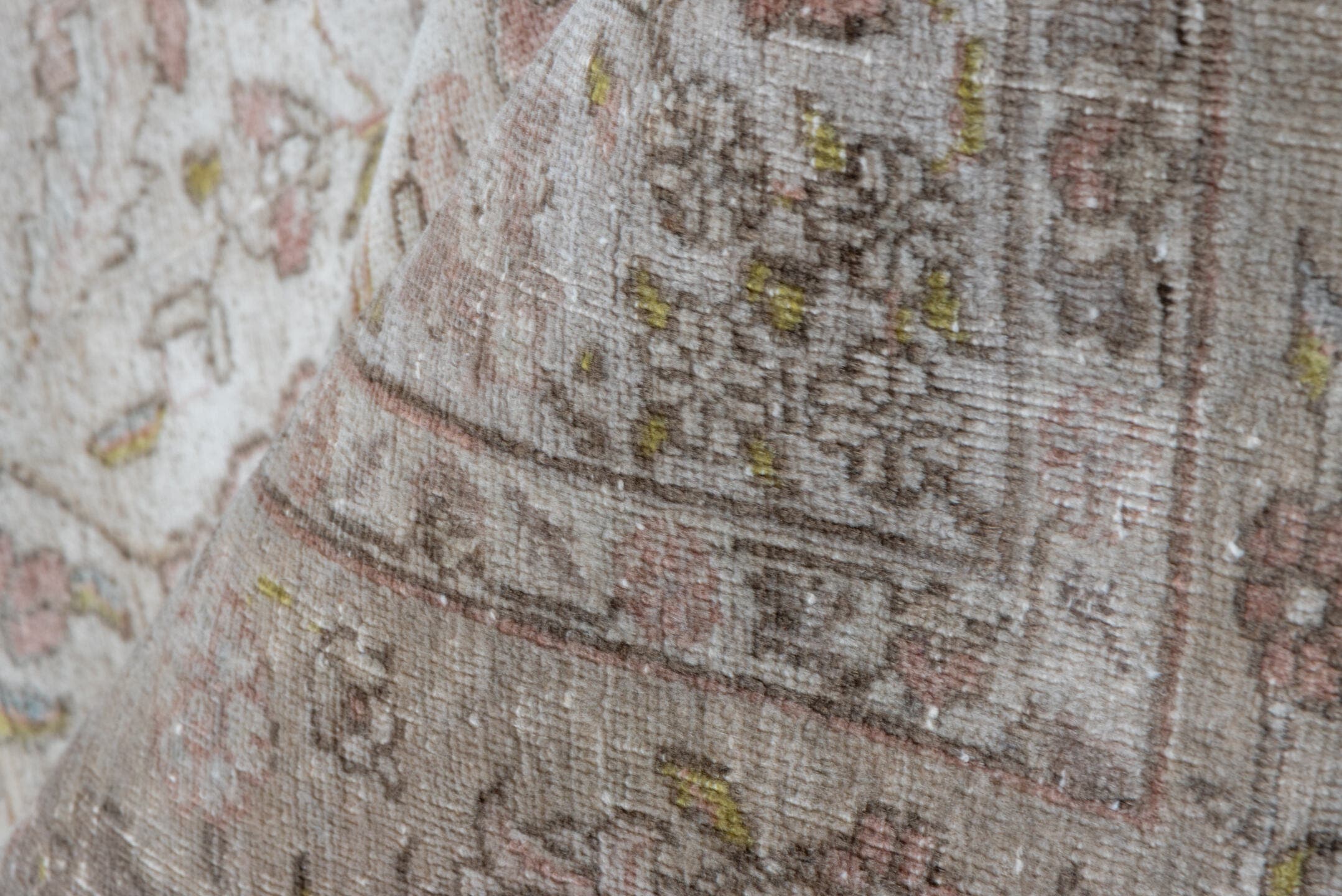 13' x 17' one-of-a-kind handmade antique Tabriz oversize rug. Color palette: ivory, taupe, blush, beige, gold, pale blue