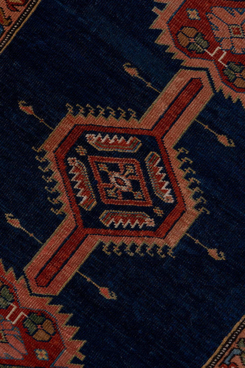 3' x 17' one-of-a-kind handmade antique Serapi runner rug. Color palette: navy, rust, camel, ivory, terra cotta, sage