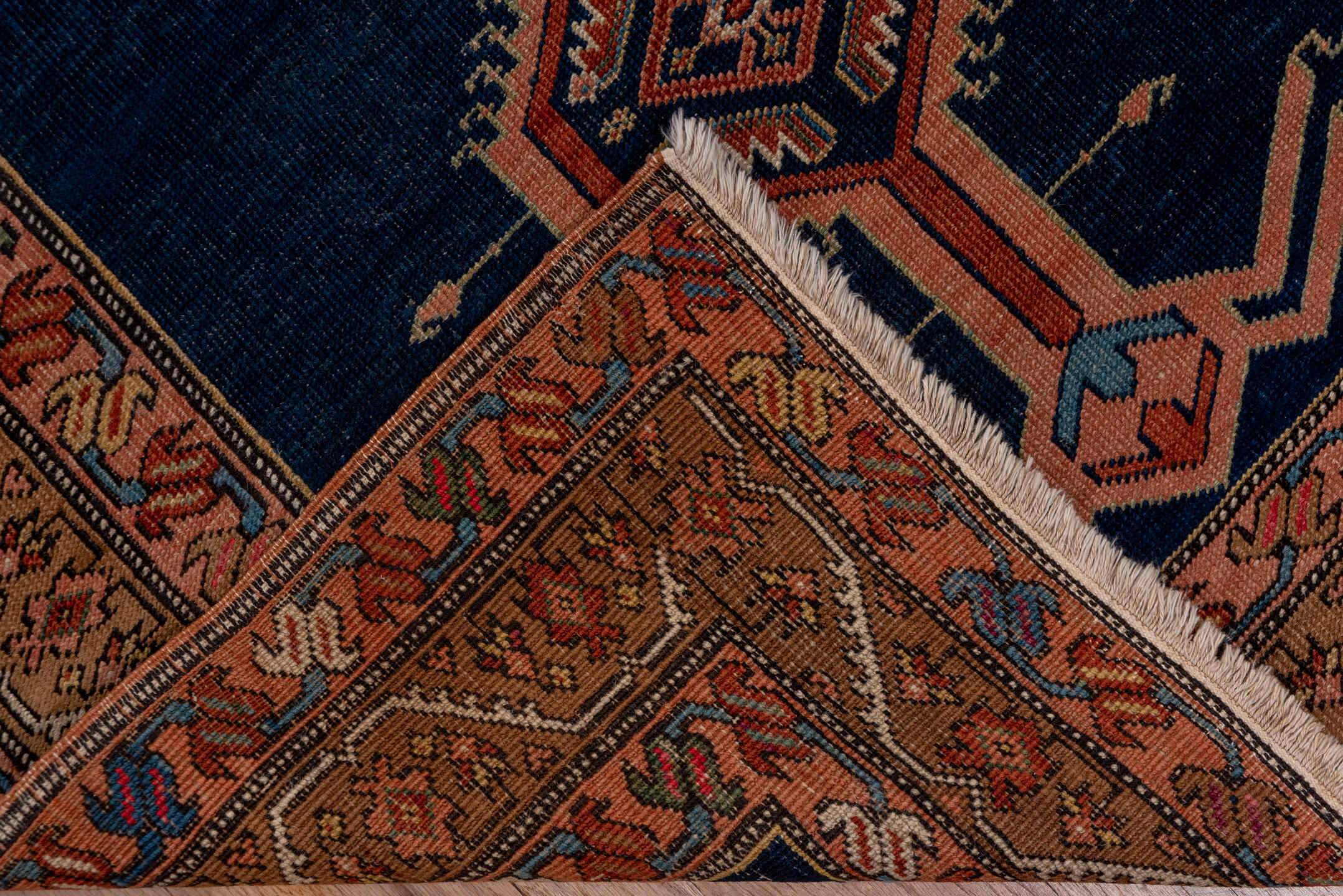 3' x 17' one-of-a-kind handmade antique Serapi runner rug. Color palette: navy, rust, camel, ivory, terra cotta, sage