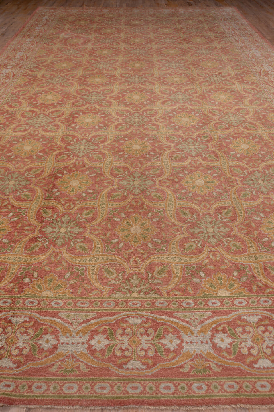 10' x 20' one-of-a-kind handmade antique Spanish rug. Color palette: coral, ivory, gold, sage, terra cotta, terracotta