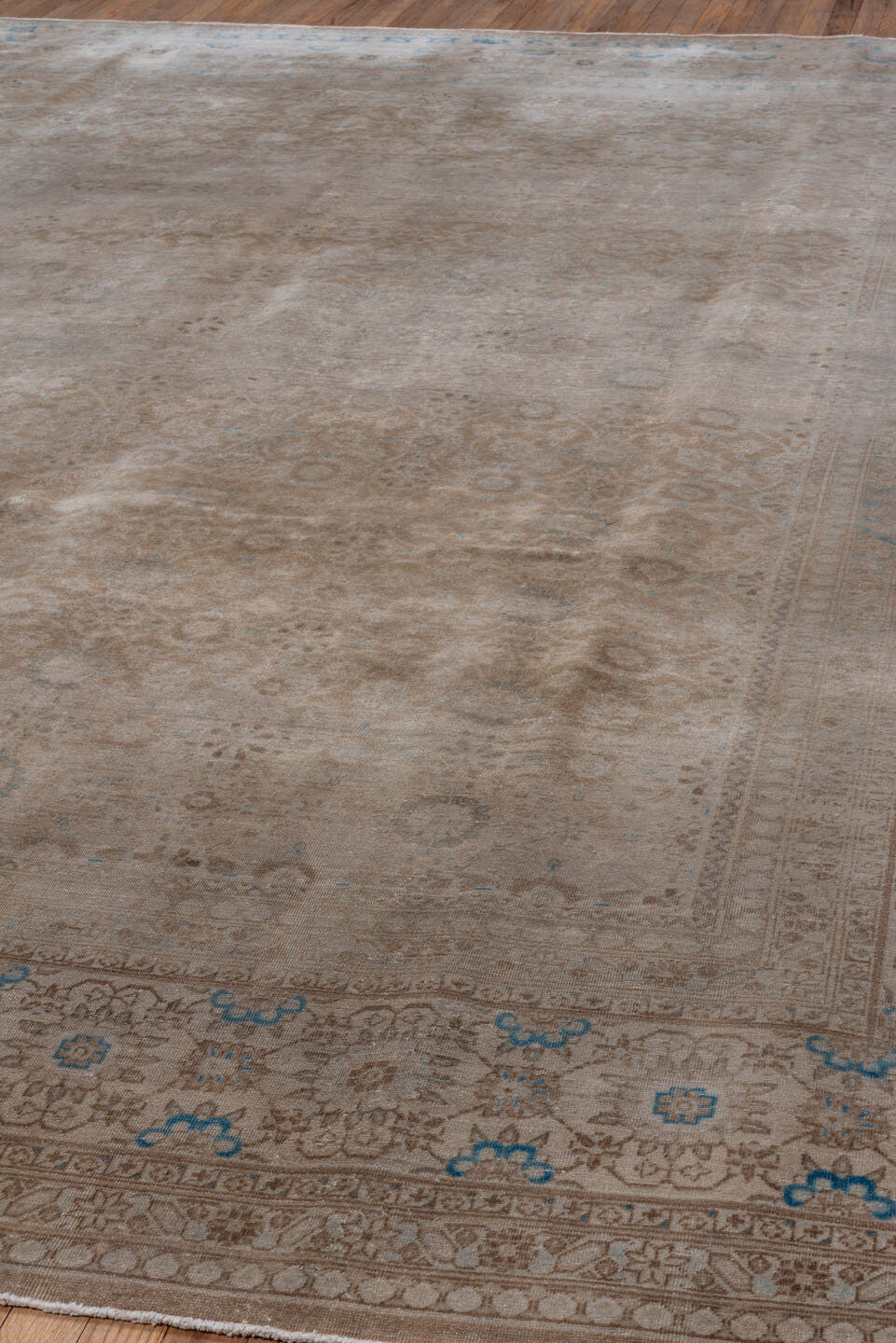 9' x 12' one-of-a-kind handmade antique Sivas large size rug. Color palette: ivory, taupe, sky blue, beige, camel