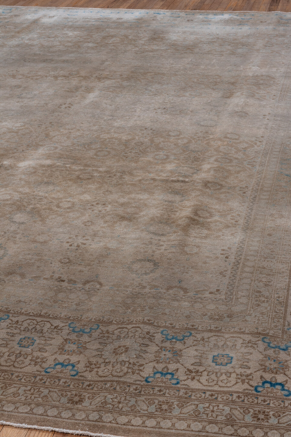 9' x 12' one-of-a-kind handmade antique Sivas large size rug. Color palette: ivory, taupe, sky blue, beige, camel