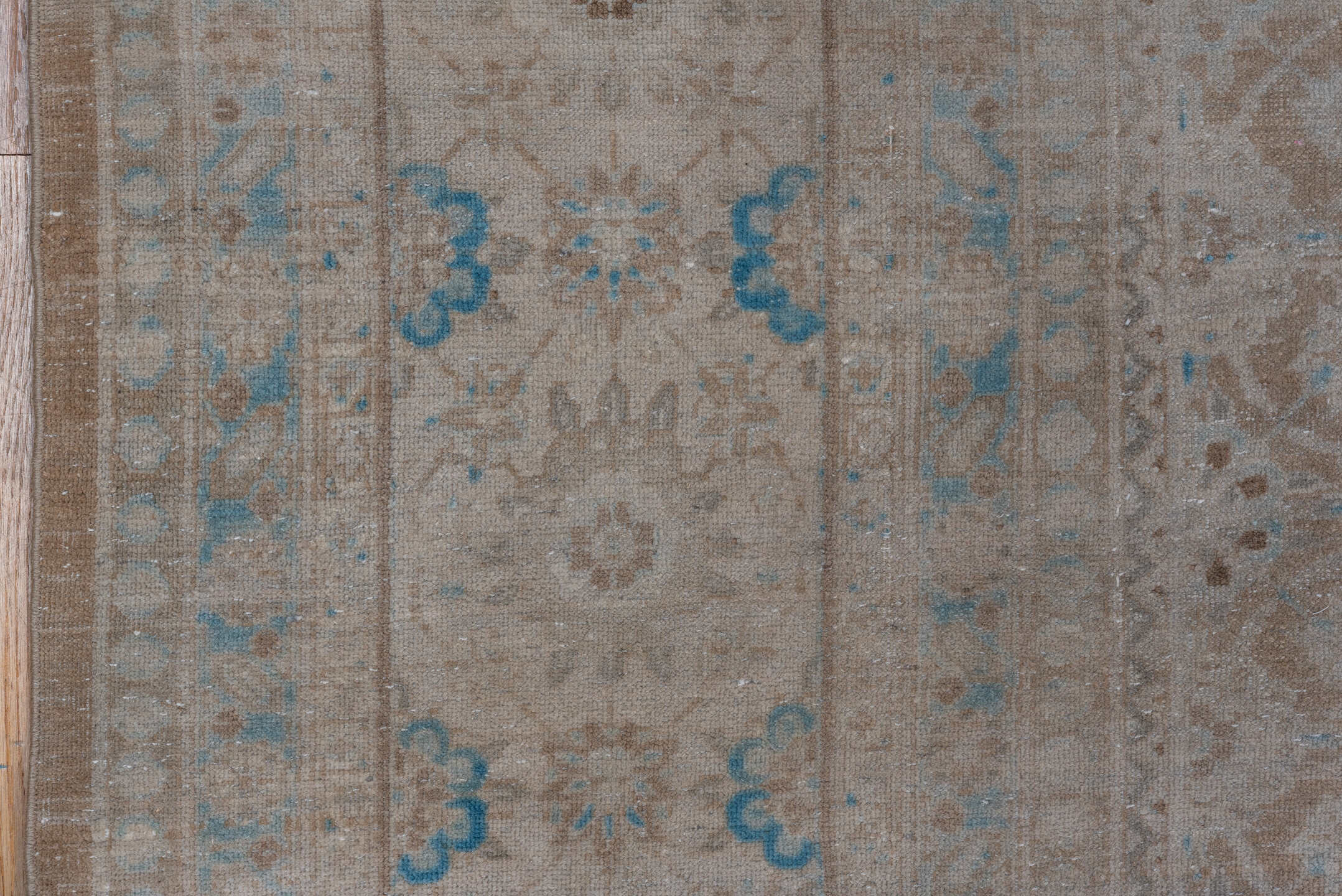 9' x 12' one-of-a-kind handmade antique Sivas large size rug. Color palette: ivory, taupe, sky blue, beige, camel