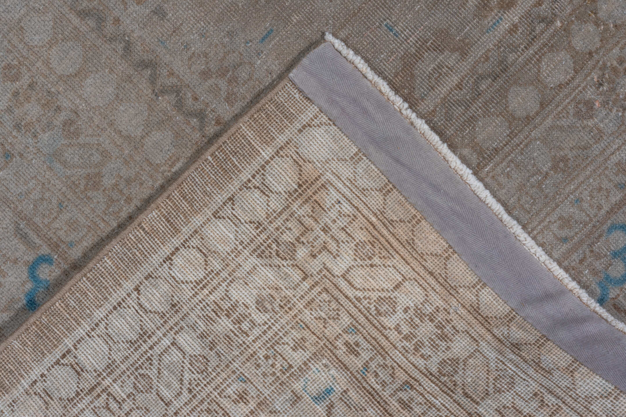 9' x 12' one-of-a-kind handmade antique Sivas large size rug. Color palette: ivory, taupe, sky blue, beige, camel