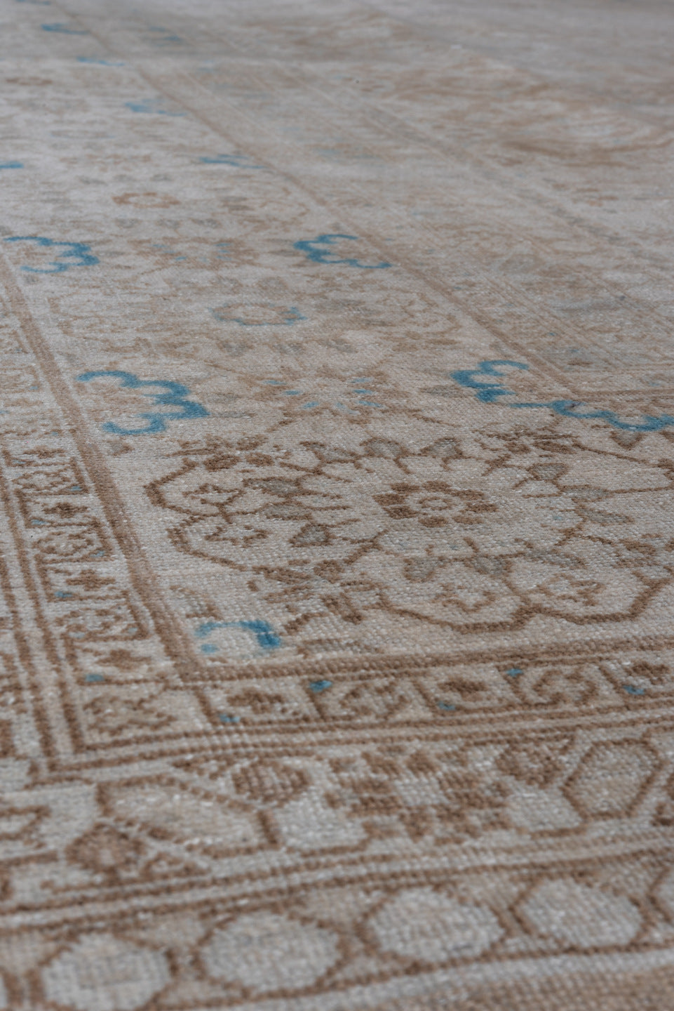 9' x 12' one-of-a-kind handmade antique Sivas large size rug. Color palette: ivory, taupe, sky blue, beige, camel