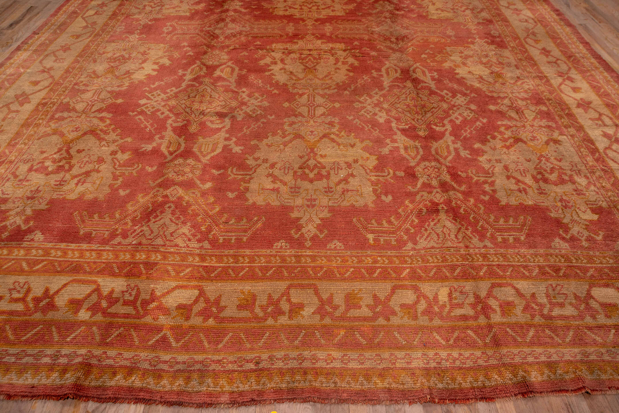 13' x 17' one-of-a-kind handmade antique Oushak oversize rug. Color palette: coral, ivory, apricot, beige, gold, salmon